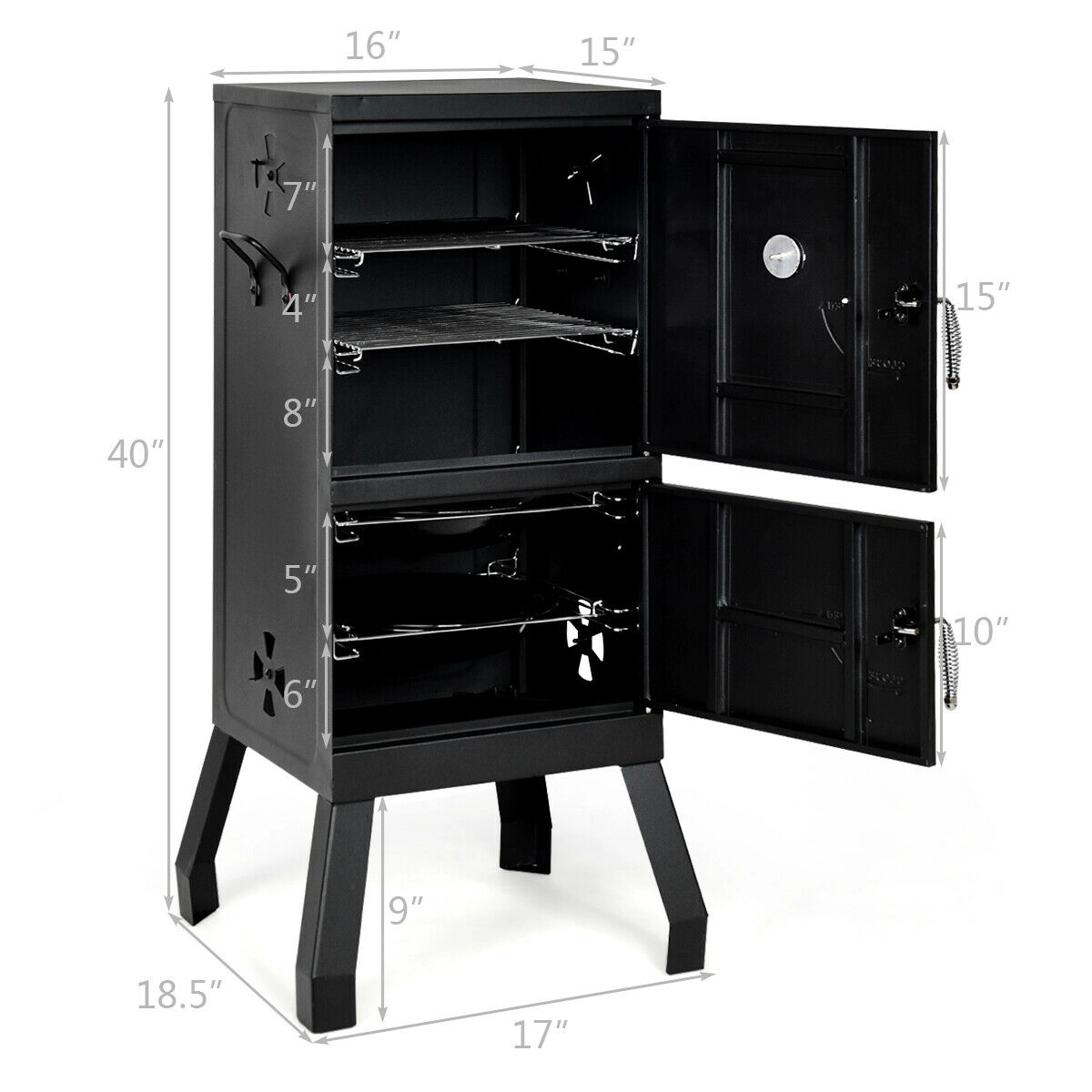 SUGIFT Vertical 2-Tier Black Charcoal Smoker Grill with Temperature Gauge Water Pan and Lockable Doors