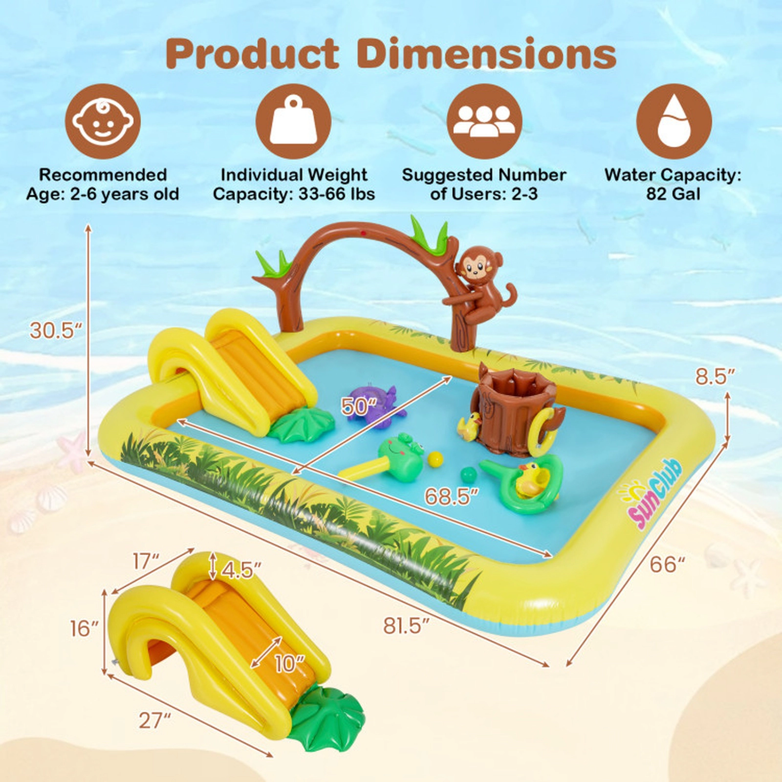 SUGIFT Slide Monkey Sprinkler and Water Toys Kids Inflatable Animal Spray Pool