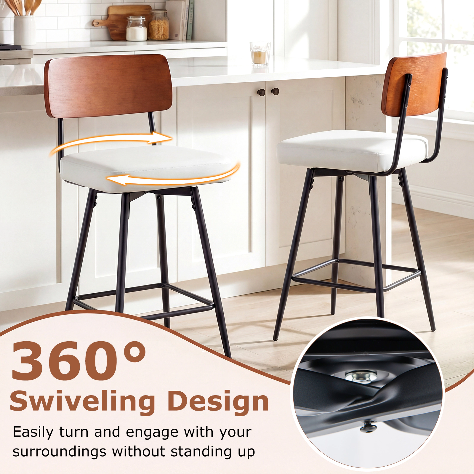 SUGIFT 27-in Padded 360° Swivel Counter Bar Stools Set of 2 Footrest 330-lb Capacity 27-in Seat Height White Cushion