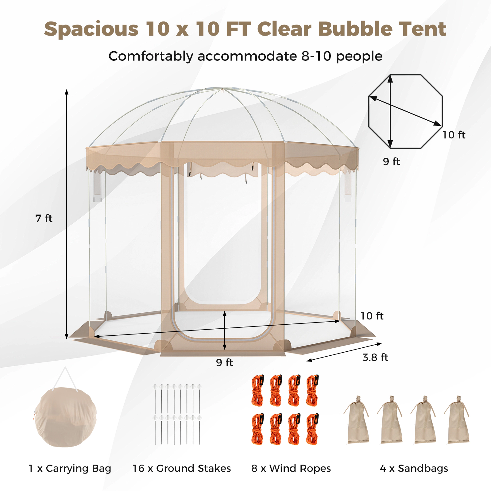 SUGIFT Pop Up 10 x 10FT Bubble Tent Weatherproof Outdoor Pod with 540° Panoramic Clear PVC for 8-10 People Transparent