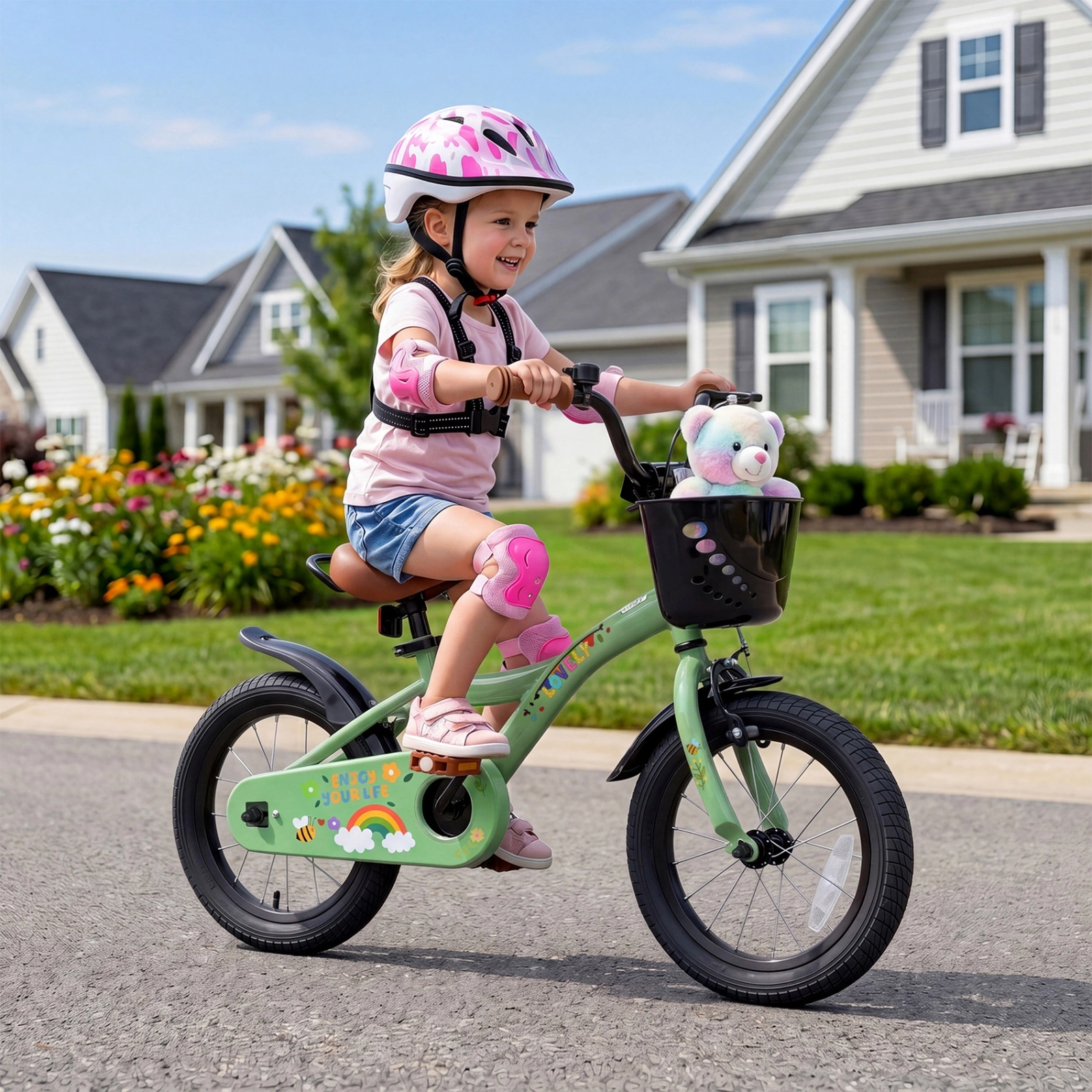 14-in Girls Bike with Front Basket Carry Handle and Removable Training Wheels for Ages 3-5 Mudguards and Bell Bicycle