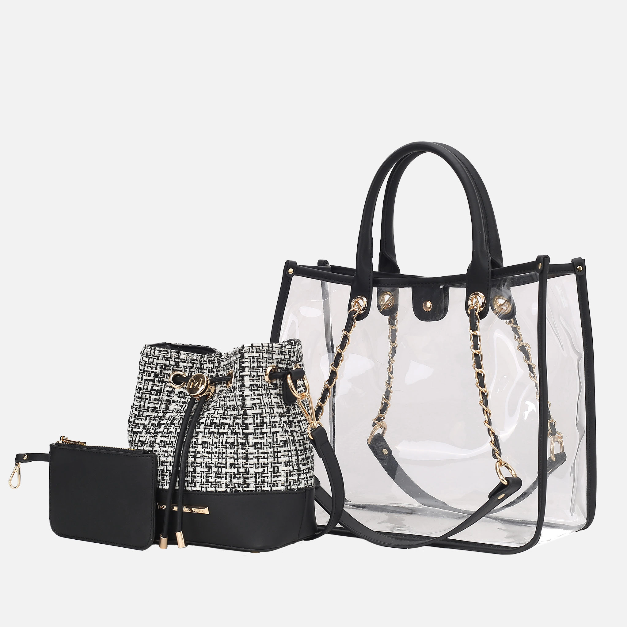 Mia K Collection 3-in-1 Handbag Set - Structured Tote, Tweed Bucket Bag & Mini Zipper Pouch