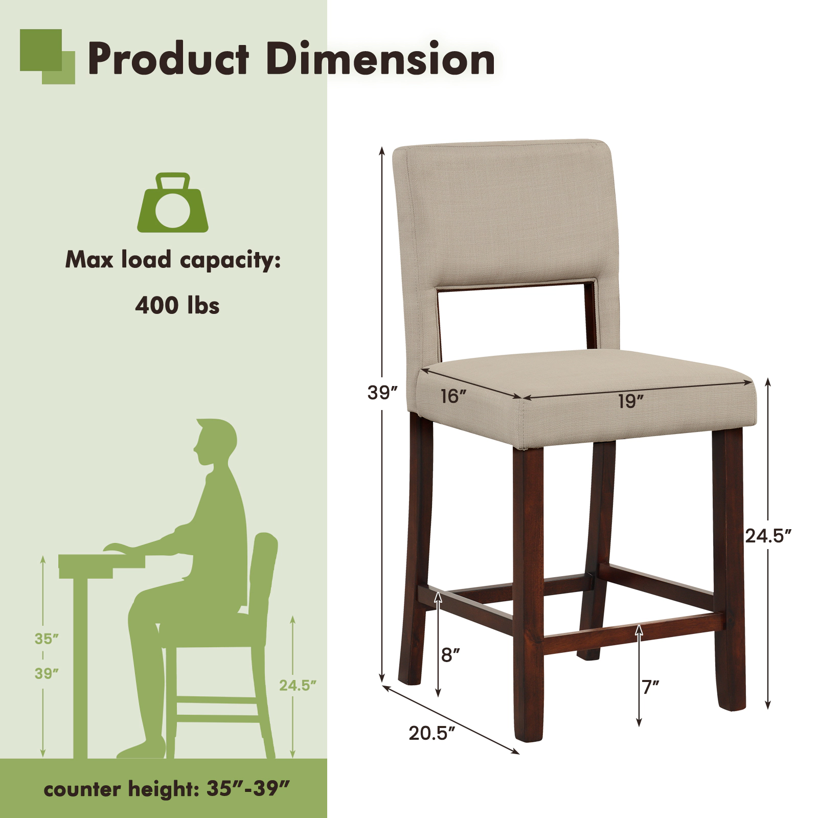 SlickBlue Set of 2 Counter Height Bar Stools with Backrest & Footrest