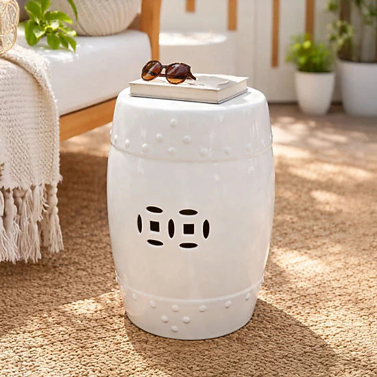 The Urban Port Garden Accent Stool, 17 Inch Round Drum Shape, White ...