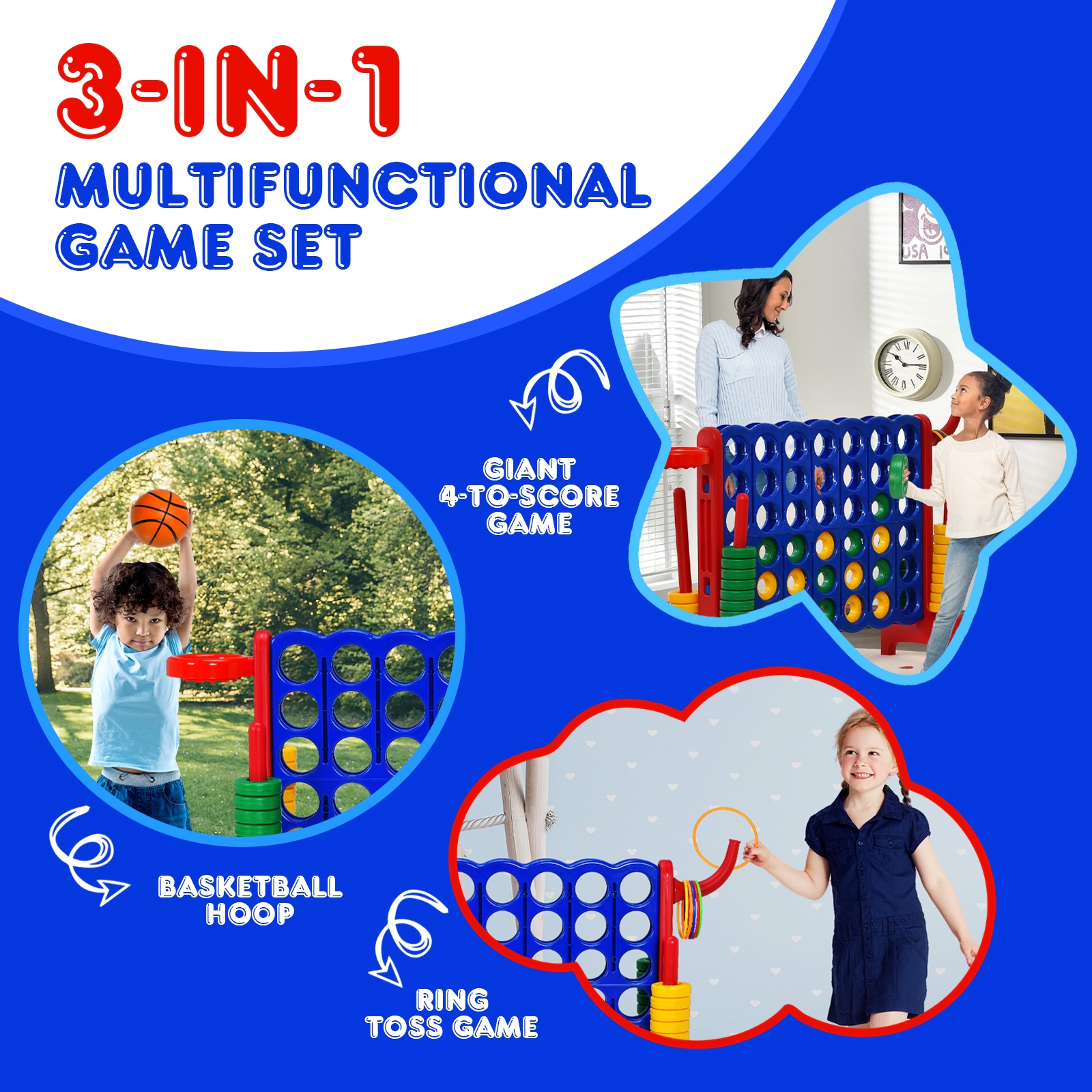 SUGIFT Red 3-in-1 2.5-ft Tall 4-to-Score Giant Game Set with Basketball Hoop and Ring Toss 33-in W 13-in D 30-in H