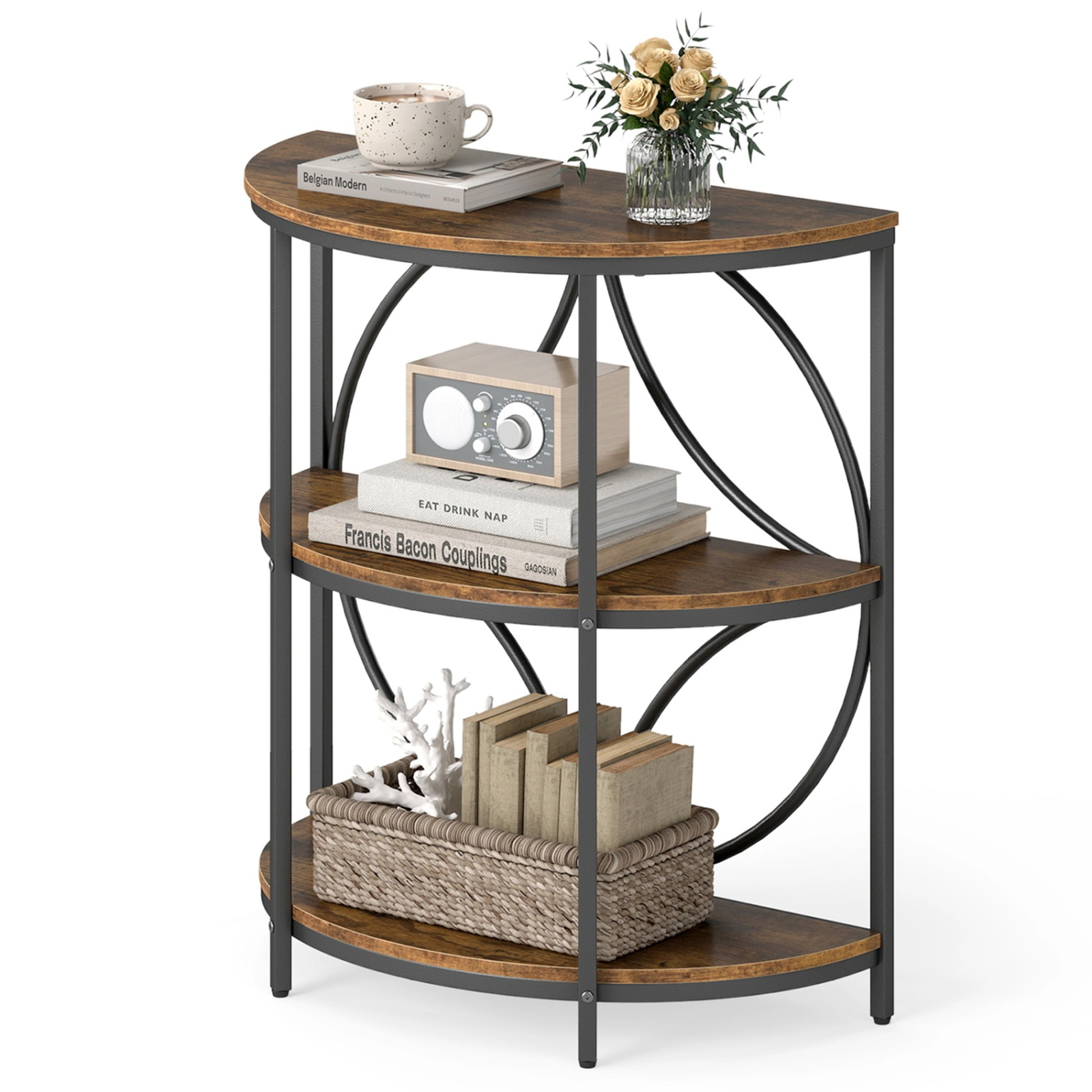 SUGIFT 26-Inch 3-Tier Half-Round Narrow Side Table, Metal Frame, Flat Back, Walnut Finish