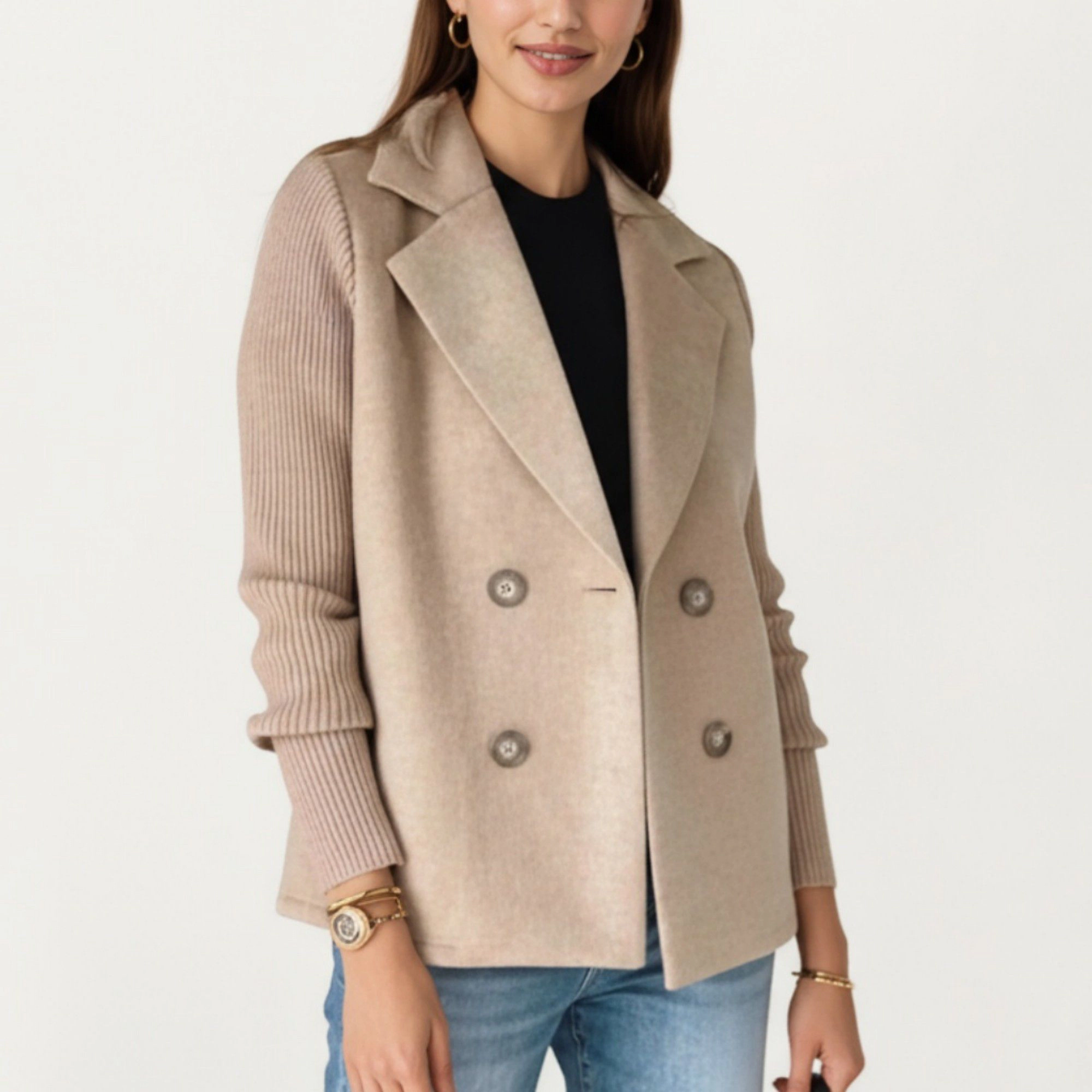 Anna-Kaci Women's Double Breasted Knit Sleeve Peacoat Jacket with Soft Structured Body Relaxed Wide Lapels and Textured