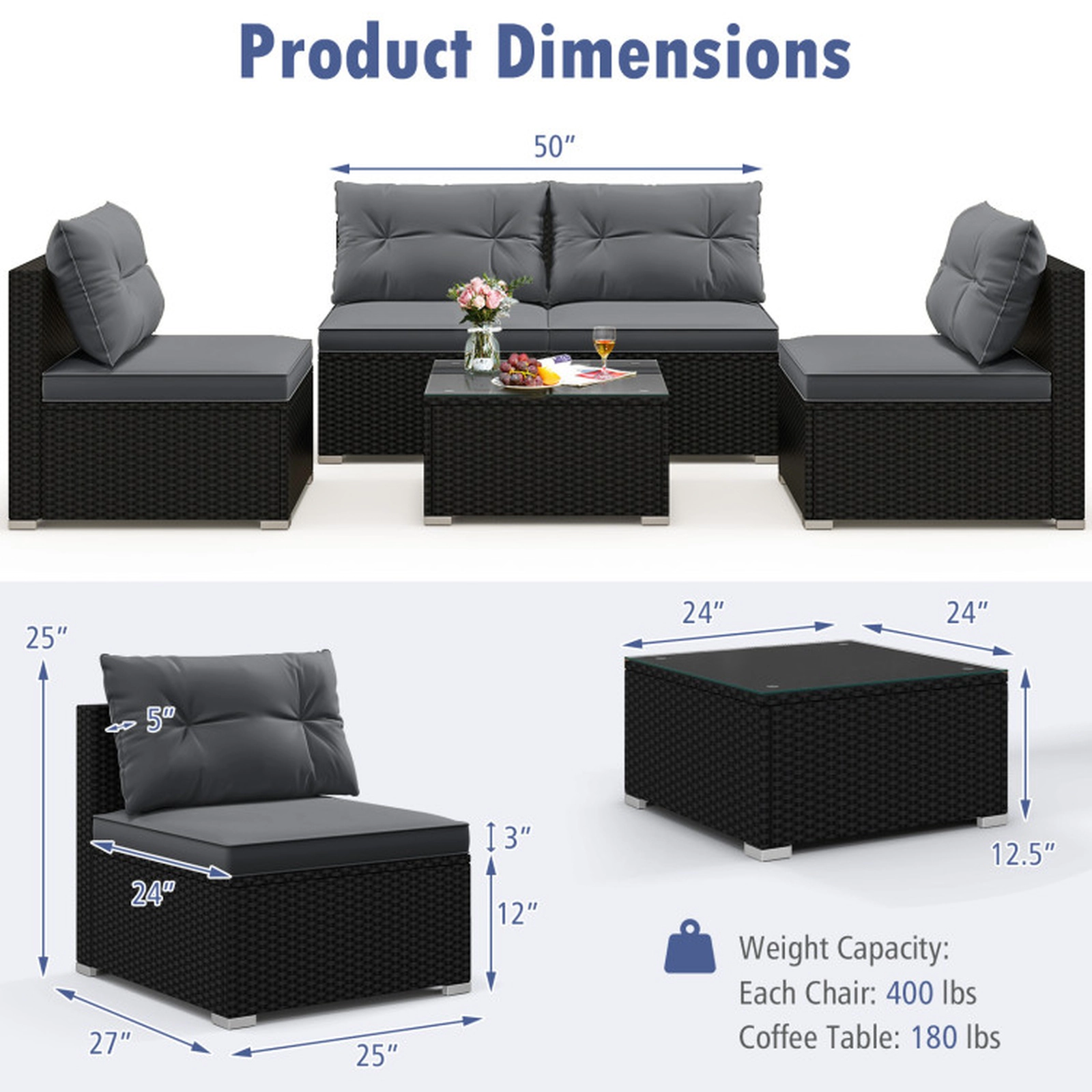 SUGIFT 5-Piece Gray Patio Rattan Sectional Sofa Set with 24-in Coffee Table 12.5-in Seat H 350-lb Sofa Capacity
