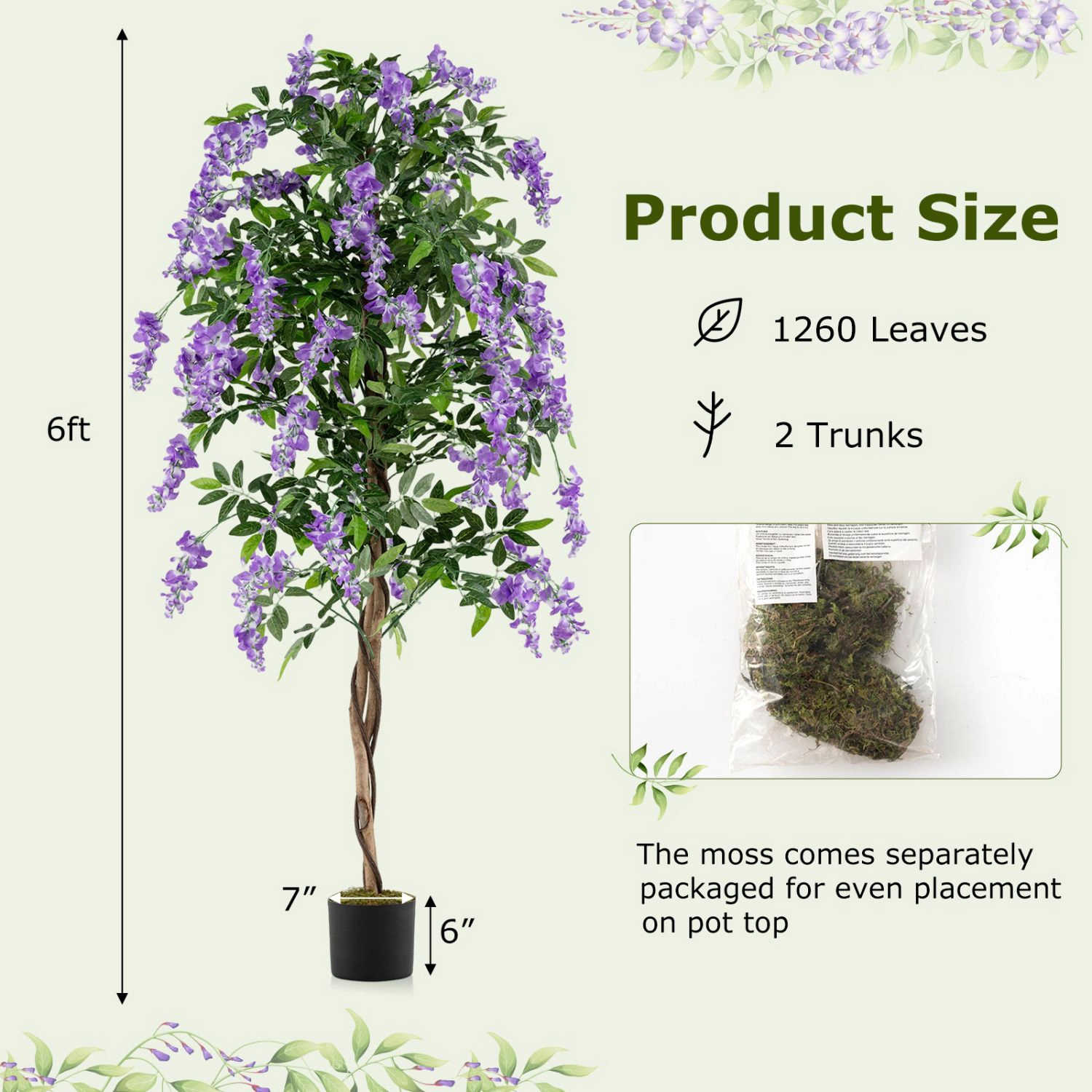 SlickBlue 6 FT Artificial Wisteria Tree with Purple Flowers & Leaves