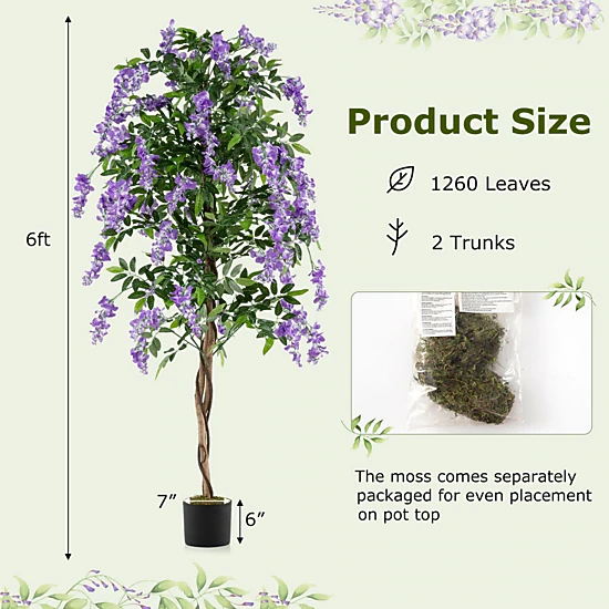 SlickBlue 6 FT Artificial Wisteria Tree with Purple Flowers & Leaves