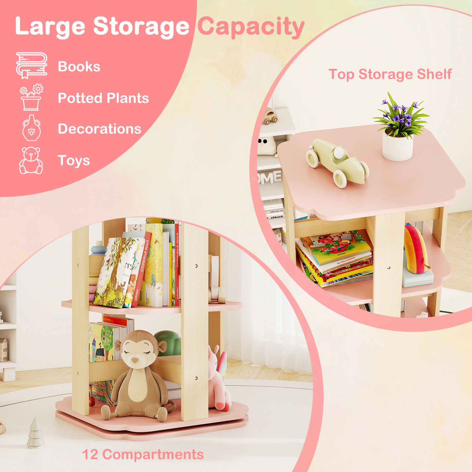 SUGIFT 3-Tier Rotating Corner Toddler Book Rack Toy Organizer with 12 Sectors 38-in Tall Ages 3+ Pink MDF