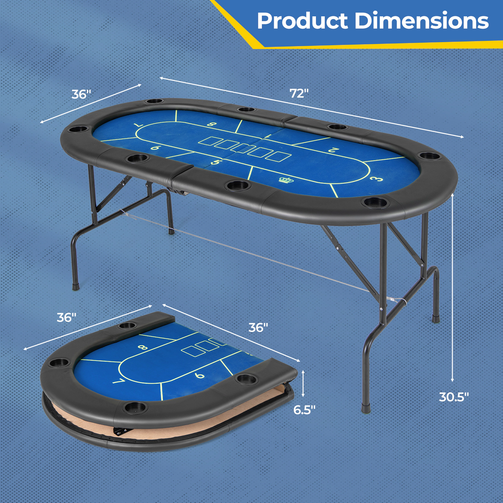 SUGIFT Blue Foldable Poker Table with 8 Cup Holders 72-in W 36-in D 30.5-in H 220-lb Tabletop Capacity