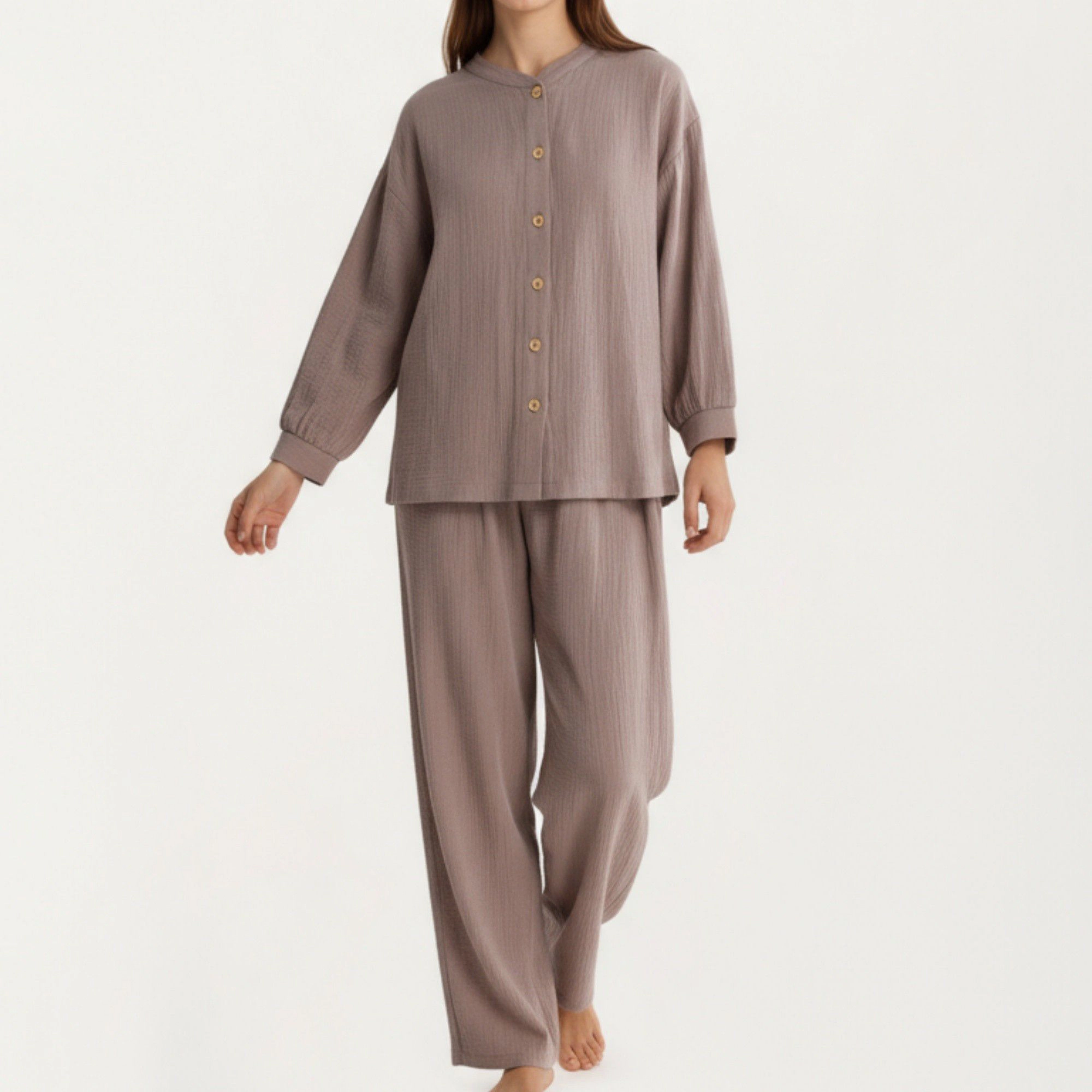 Anna-Kaci Women's 2-Piece Textured Button Front Long Sleeve Top and Relaxed Fit Pants