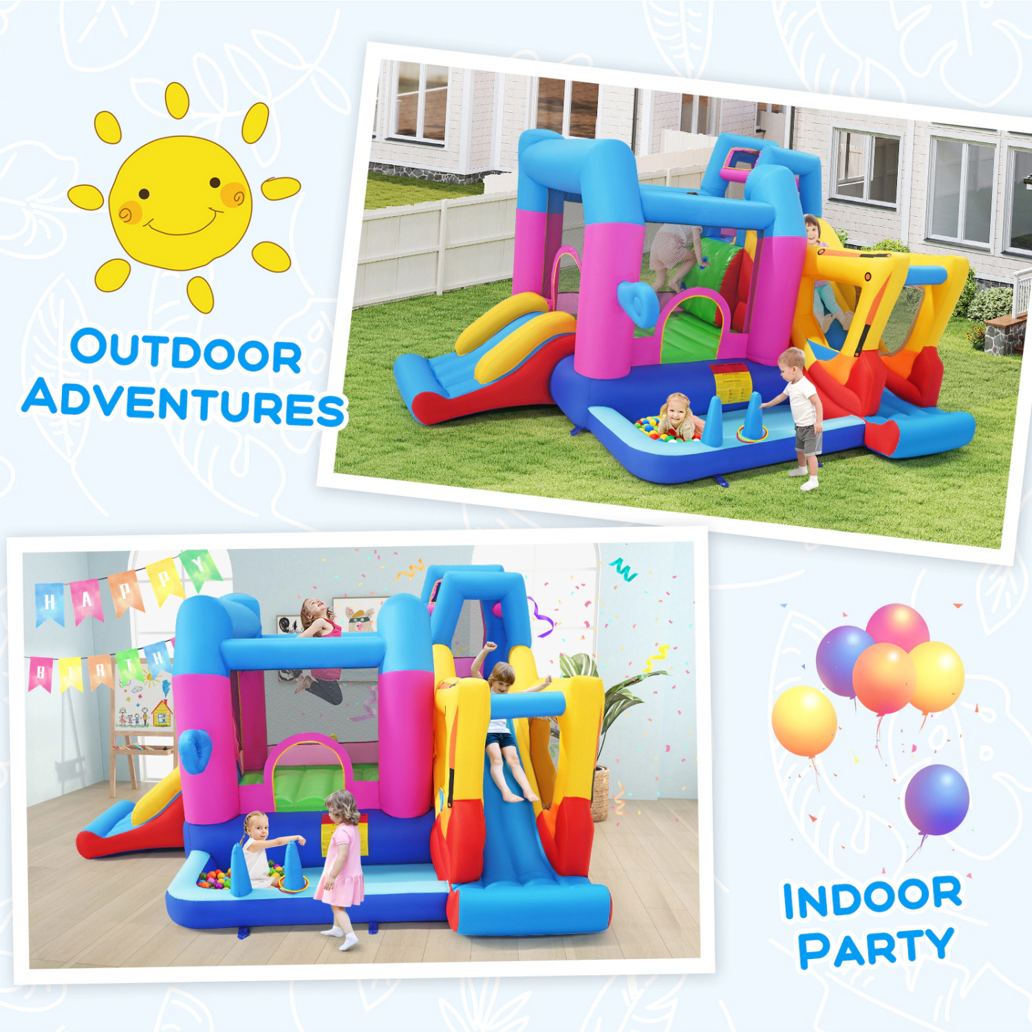 LJG Inflatable Bounce House 8-in-1 Excavator Themed Kids Bouncer with 750W Blower