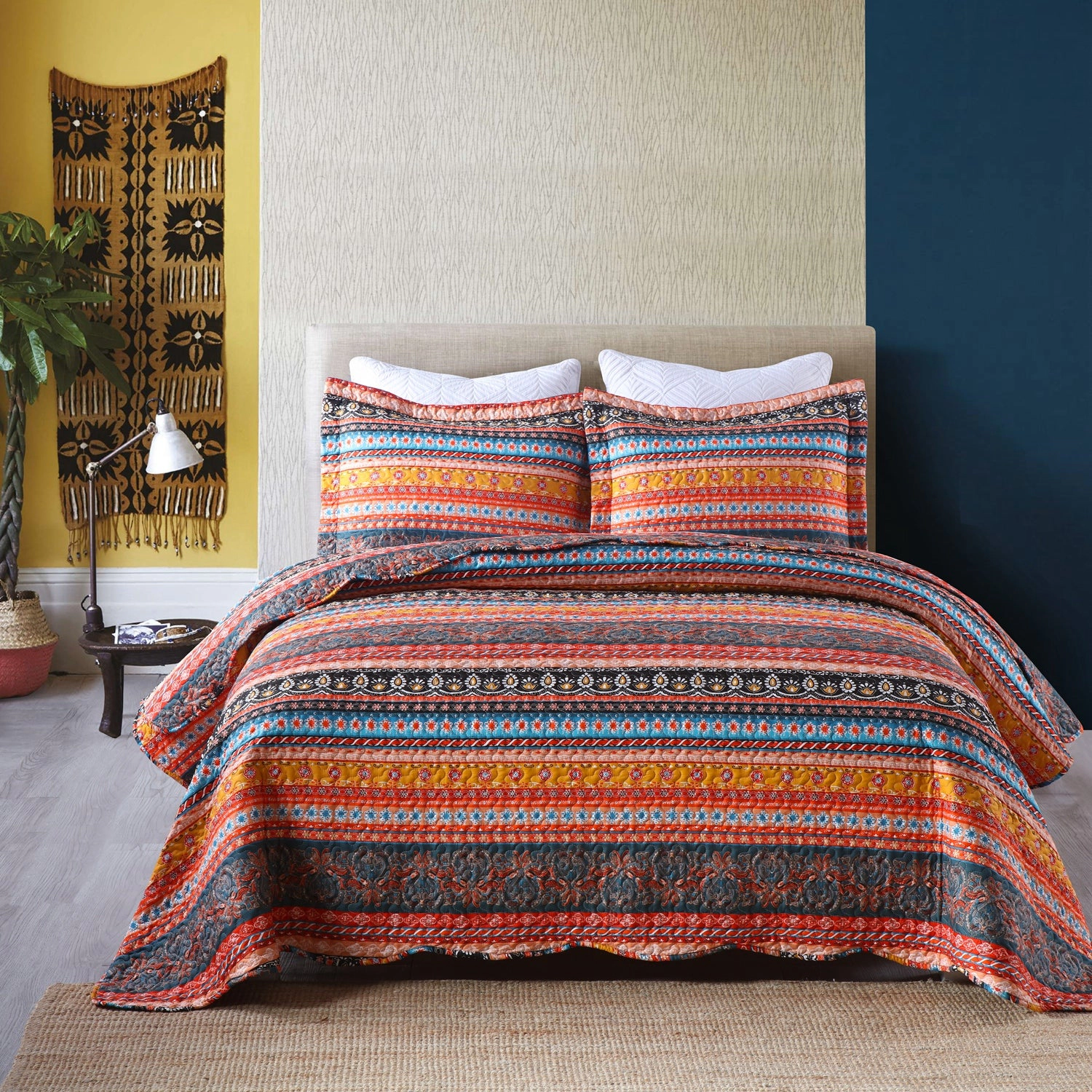 MarCielo 3 Piece Boho Quilt Bedspread Set, Tribal Striped Coverlet with 2 Pillowshams