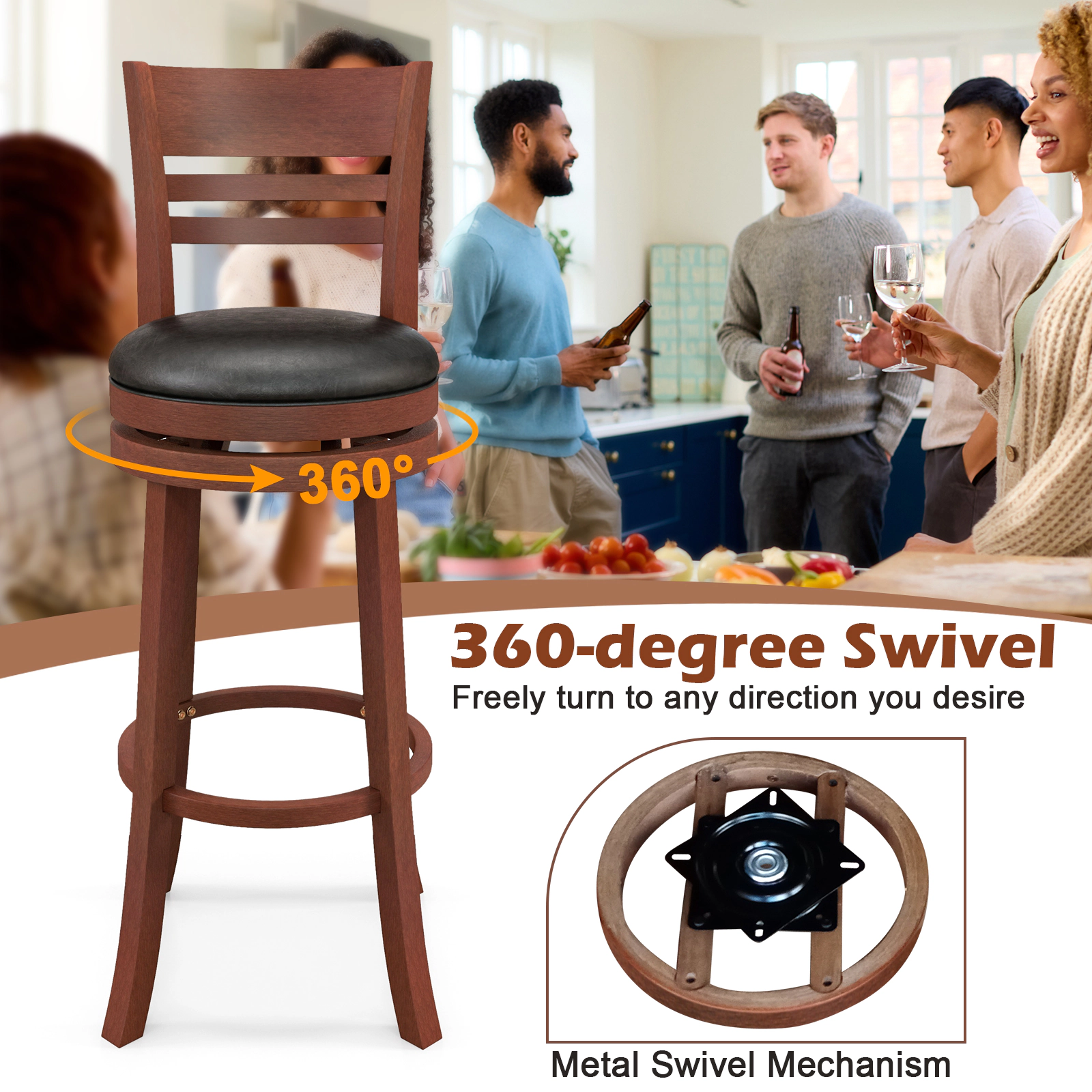 Glintex 2-Piece 31.5-Inch Swivel Bar Stool Set with PU Upholstered Seat, Brown & Black