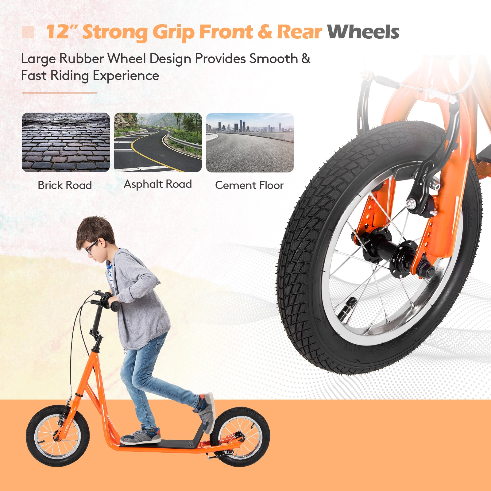 SUGIFT Height Adjustable Kid Kick Scooter with 12-in Air Filled Wheels 165-lb Capacity Ages 8+ Orange