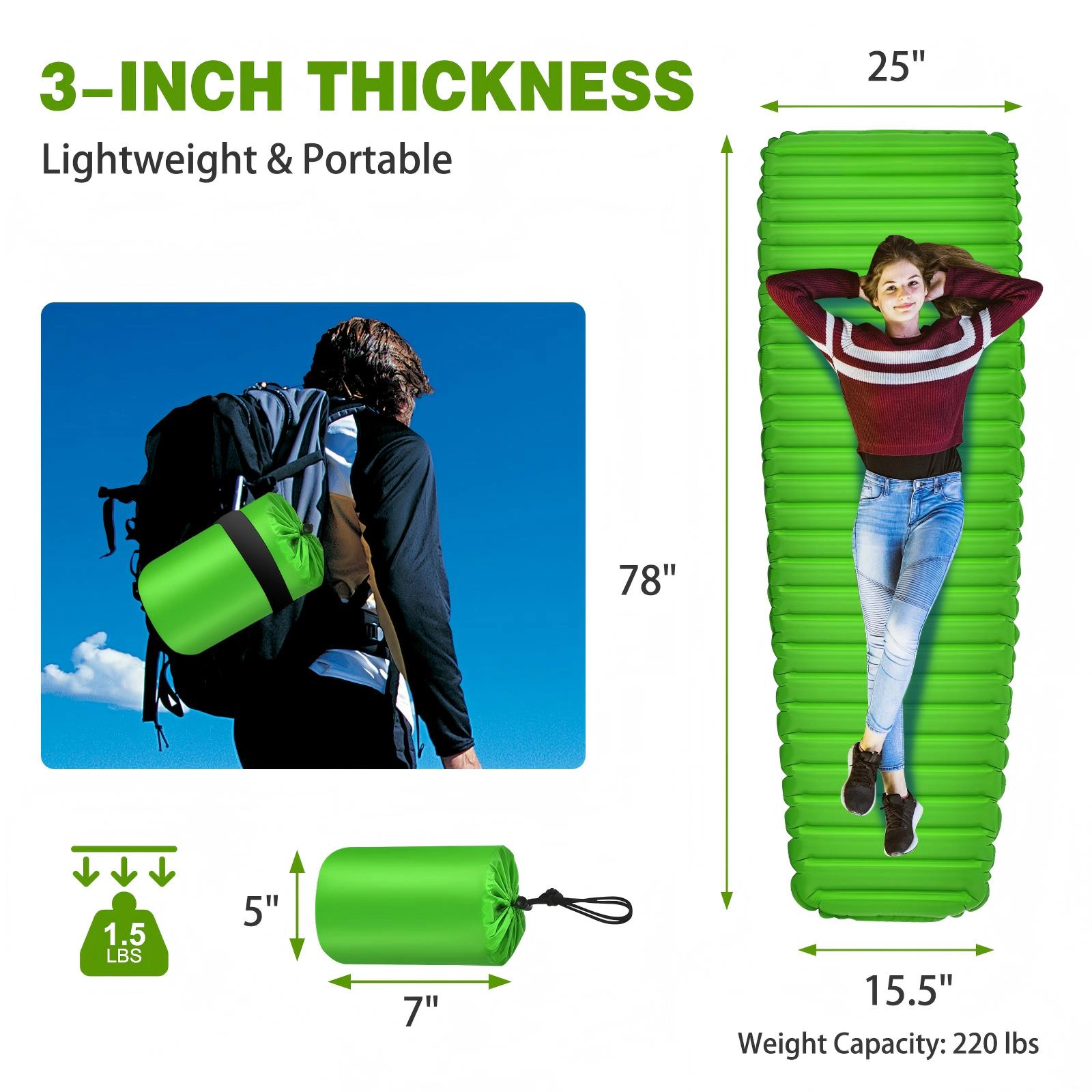 SUGIFT Inflatable Camping Sleeping Pad Green Waterproof Mat with Carry Bag