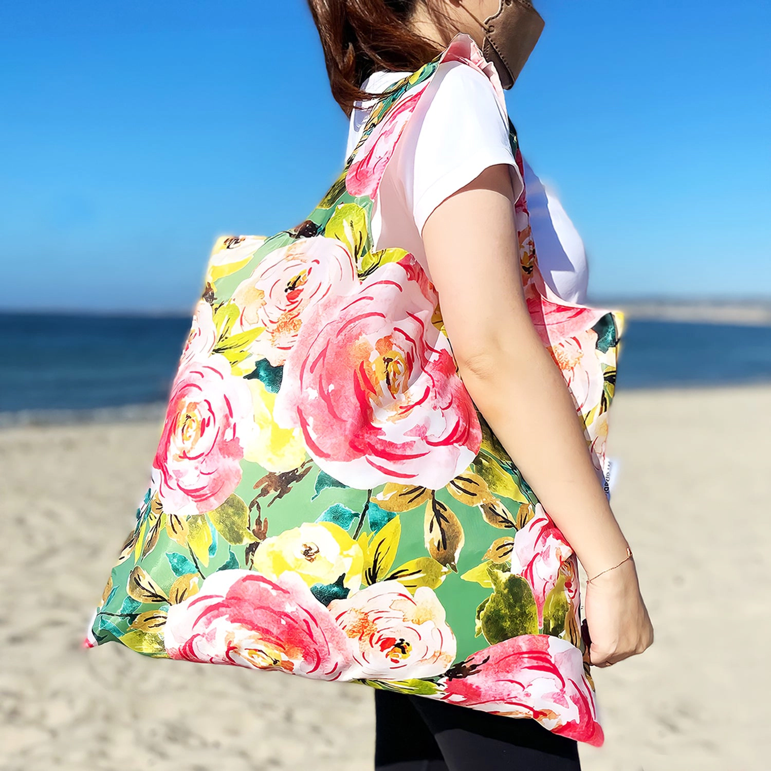Wrapables AllyBag Collection Reusable Grocery Shopping Bag, Pink Peonies