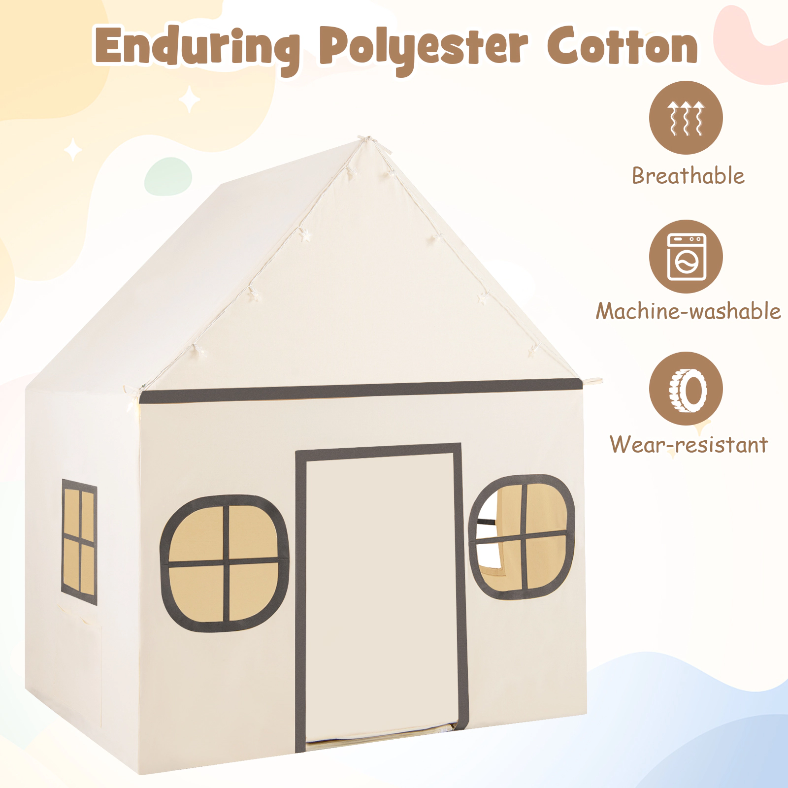 SUGIFT 47-in Large Kids Play Tent Playhouse with Door Curtain Windows and Star Lights Ages 3+ Beige and Gray