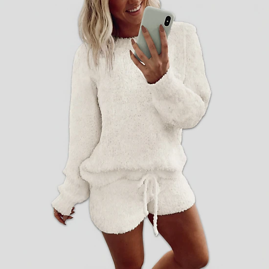 Ekouaer Fuzzy Fleece Pajamas 2 Piece Warm Soft Lounge Set Long Sleeve Sweater Top and Shorts