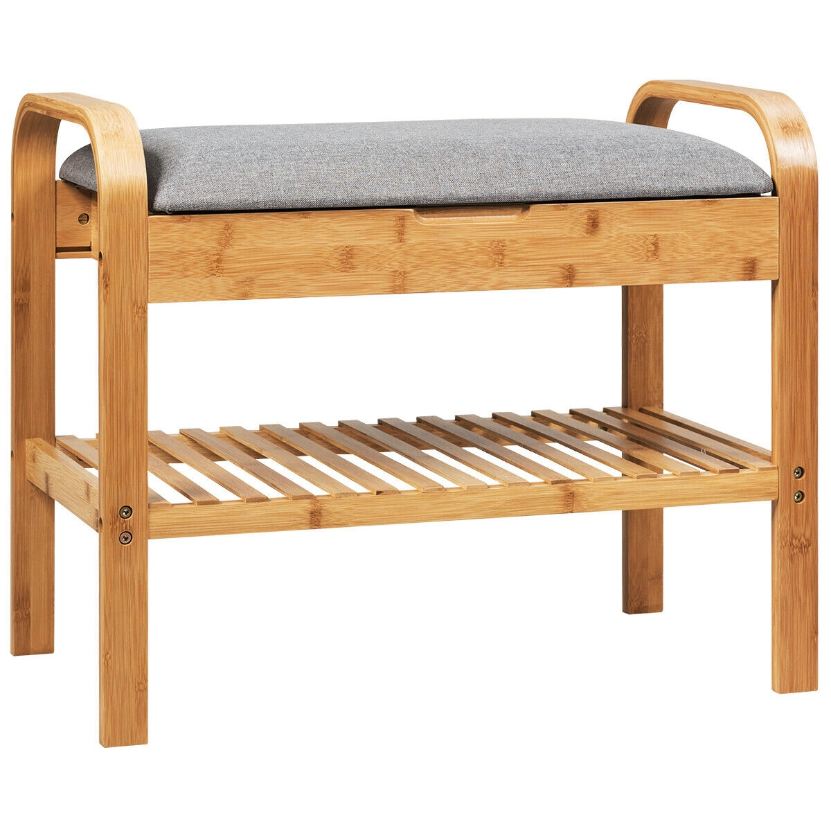 SUGIFT Bamboo Shoe Rack Storage Bench with Cushioned Seat 24-in Wide 330-lb Capacity with Storage Shelf Natural