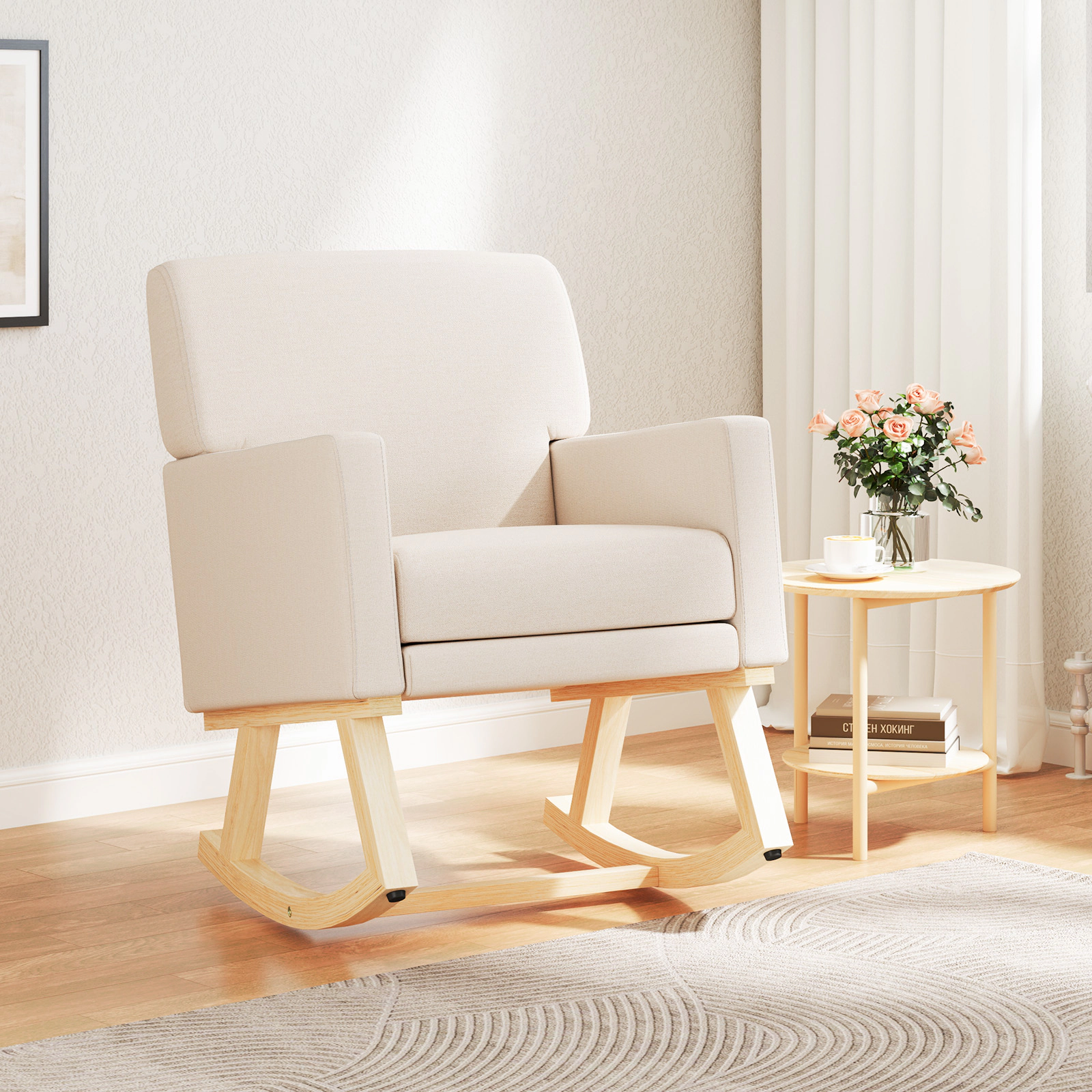 LJG Upholstered Rocking Chair with Fabric Padded Seat and Solid Wood Base