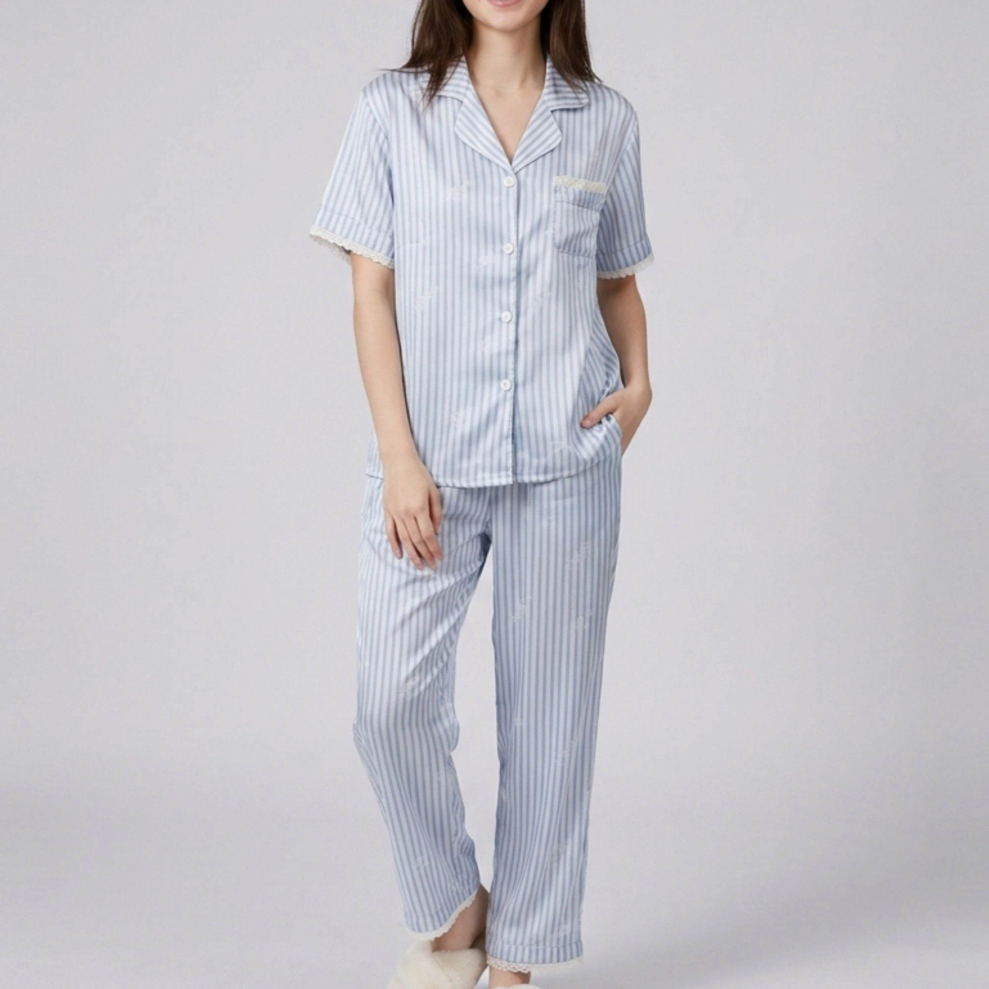 Anna-Kaci Women's 2-Piece Striped Pajama Set with Short Sleeve Button Top and Wide Leg Pants