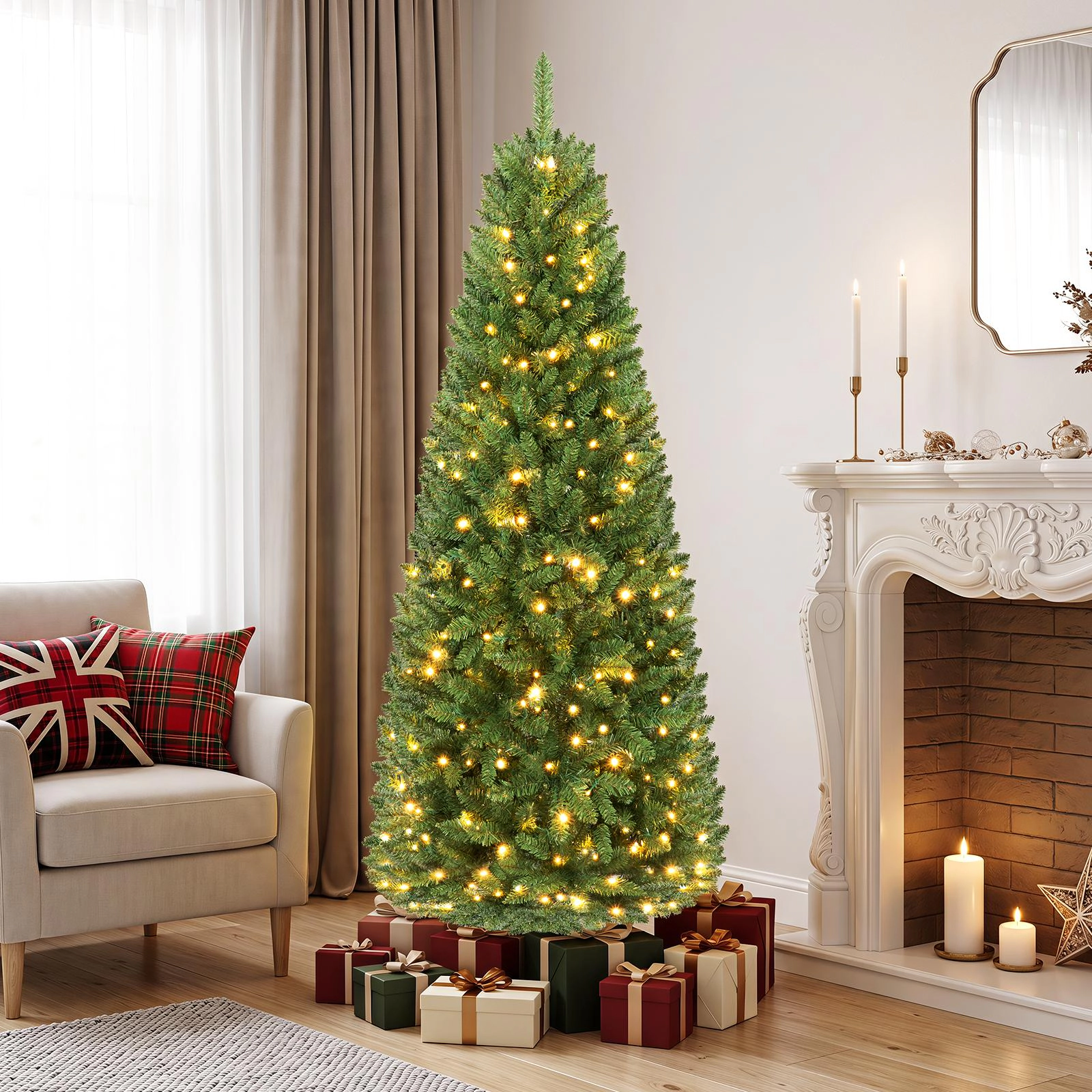 Costway 5/6/7Ft Pre-lit Artificial Pencil Christmas Tree Hinged Fir PVC Tree with 150/250/350 LED Lights