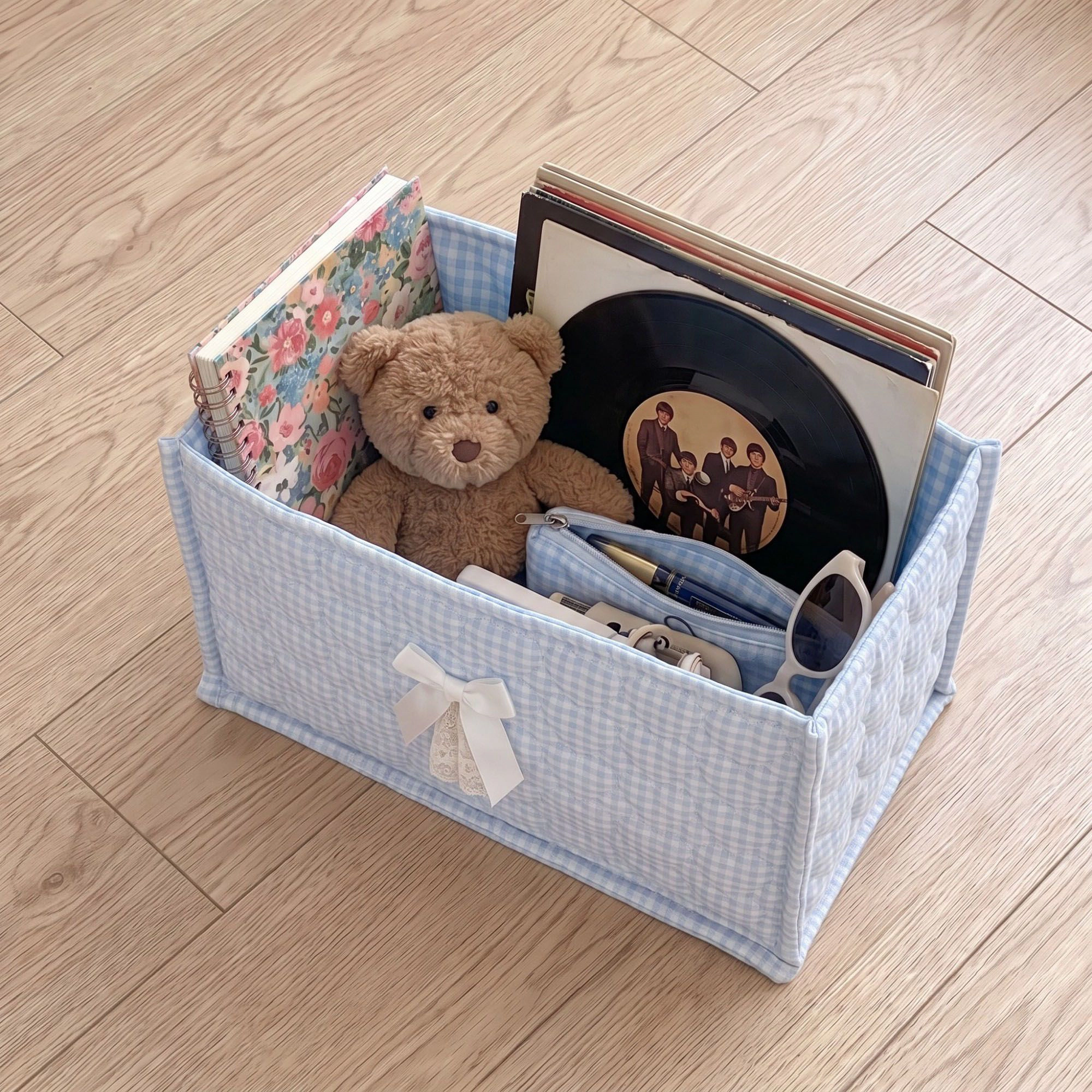 Alilang Women Quilted Heart Gingham Rectangular Storage Bin with Bow & Lace Accent
