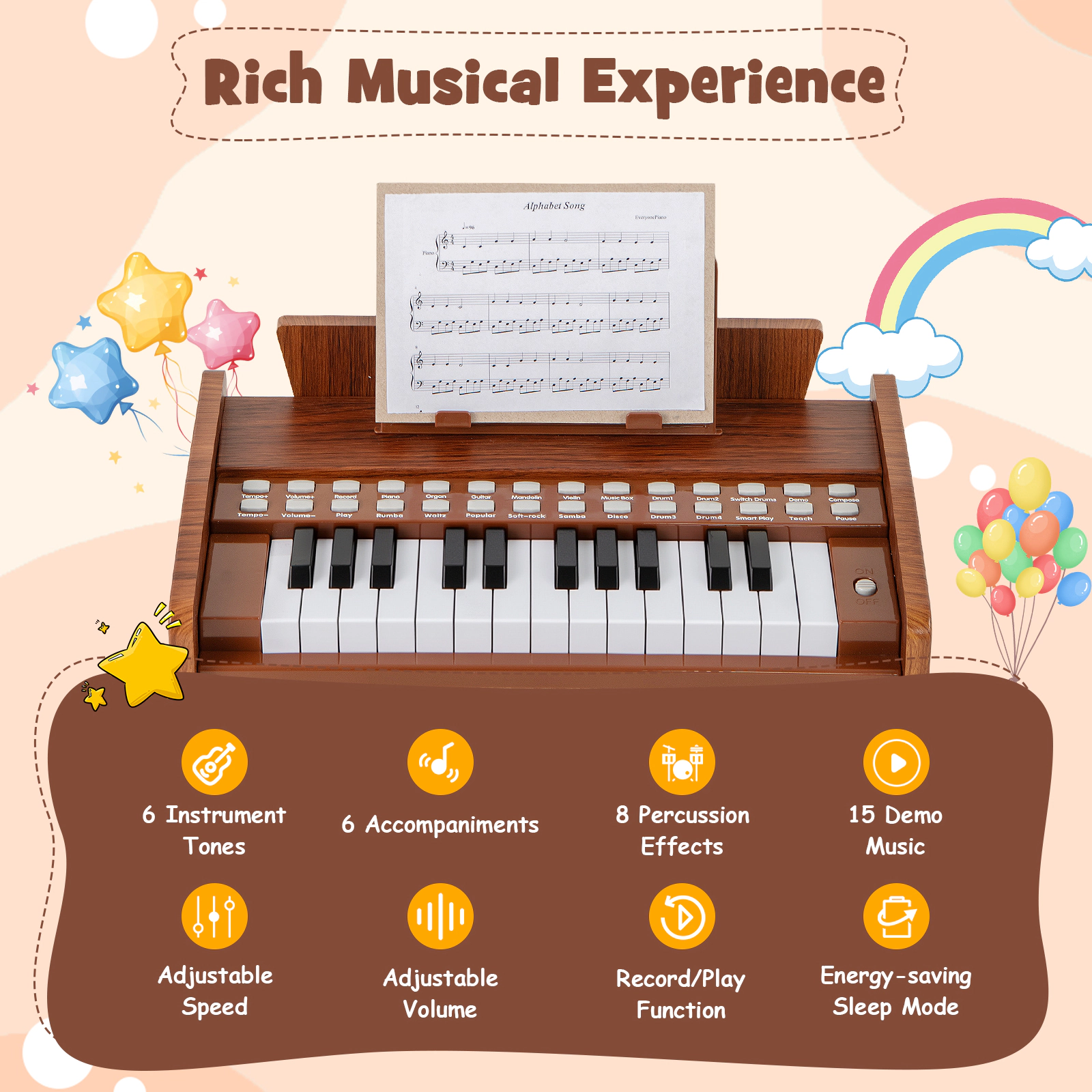 SUGIFT Kids Brown 25-Key Upright Toy Piano with Music Stand and Chord Support 15-in W 9-in D 10.5-in H Ages 3+