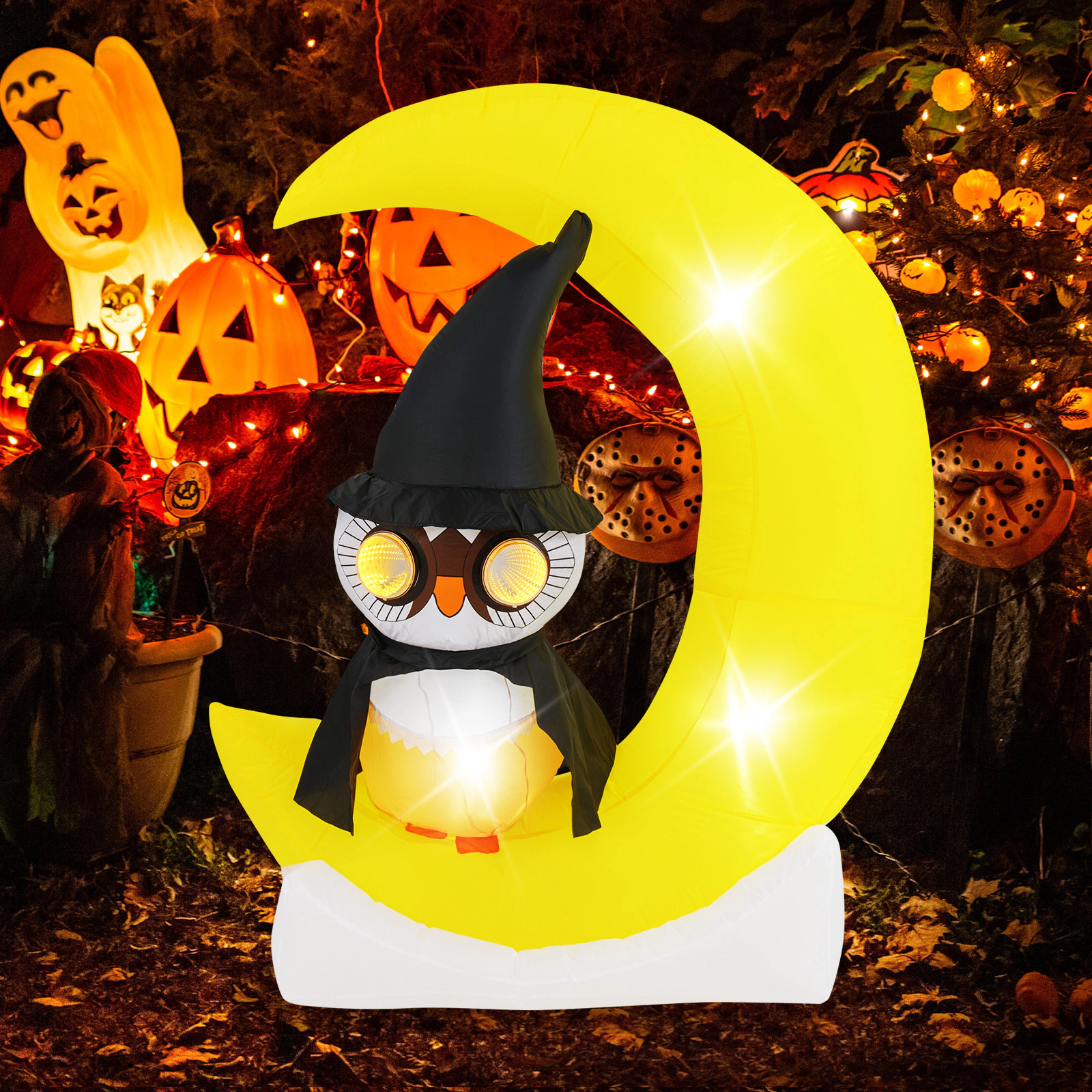 Glintex Inflatable Owl on Crescent Moon with Tunnel Eye Lights and IP44 Rating, Multicolor