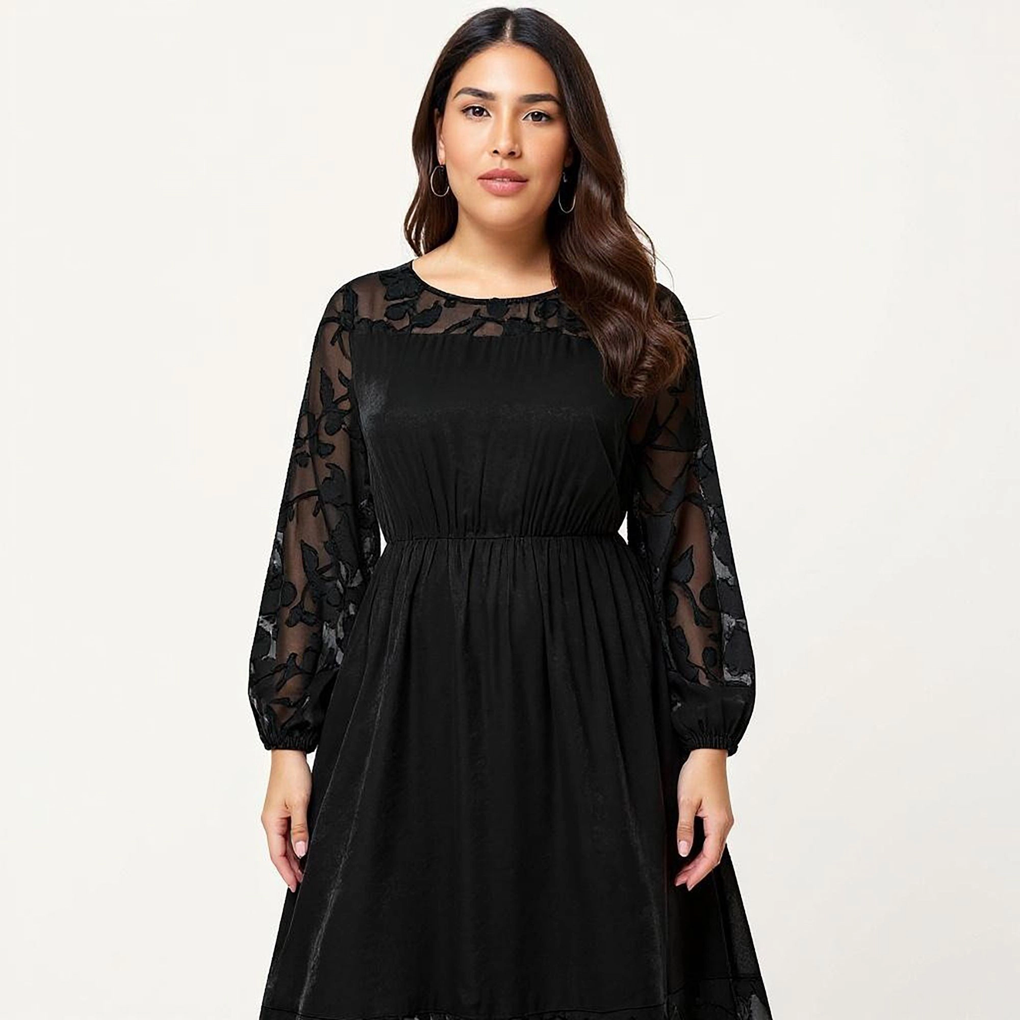Anna-Kaci Women's Plus Long Sleeve Sheer Lace Sleeves Elastic Waist Hem Panel Maxi Dress