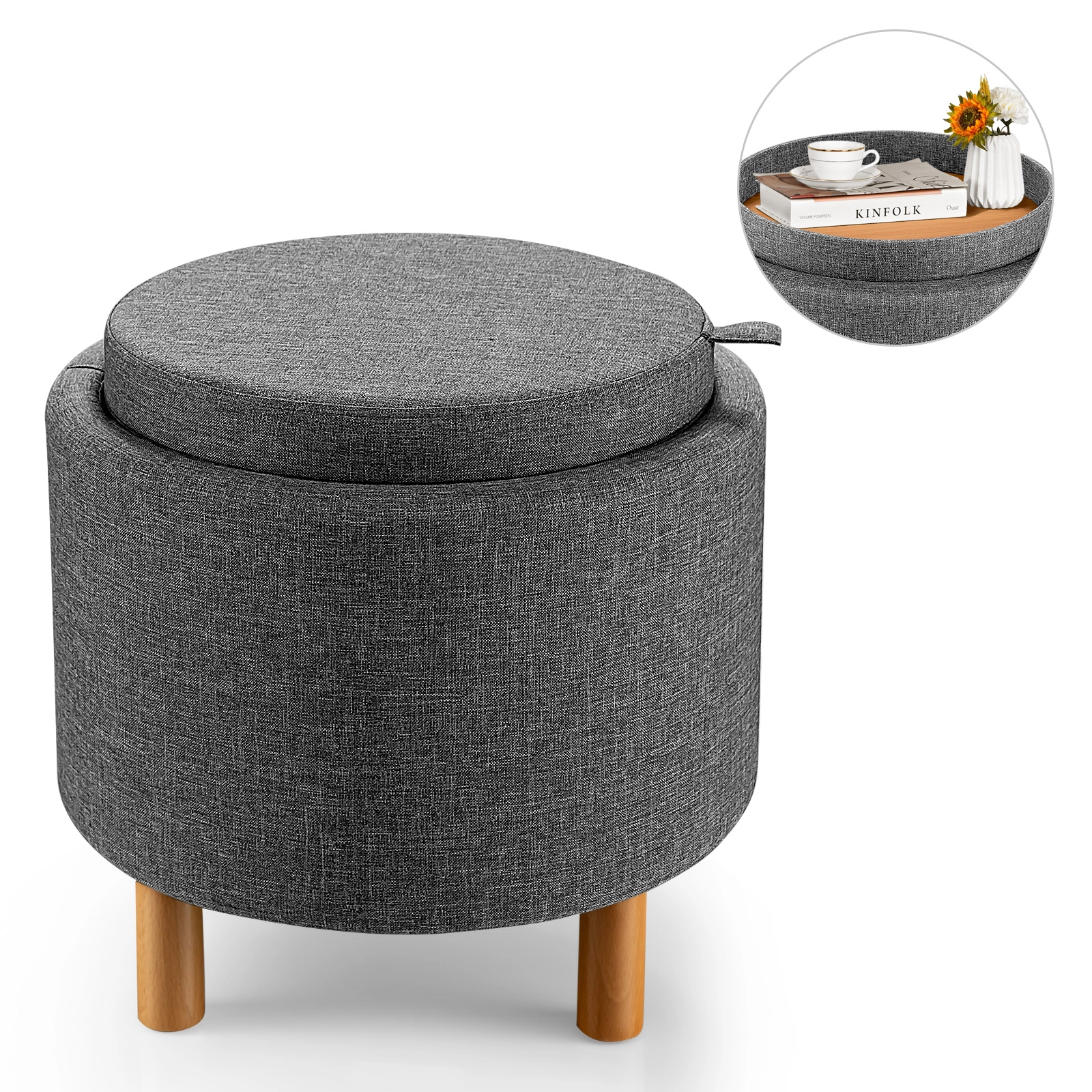 LJG Round Fabric Storage Ottoman with Tray and Non-Slip Pads for Bedroom