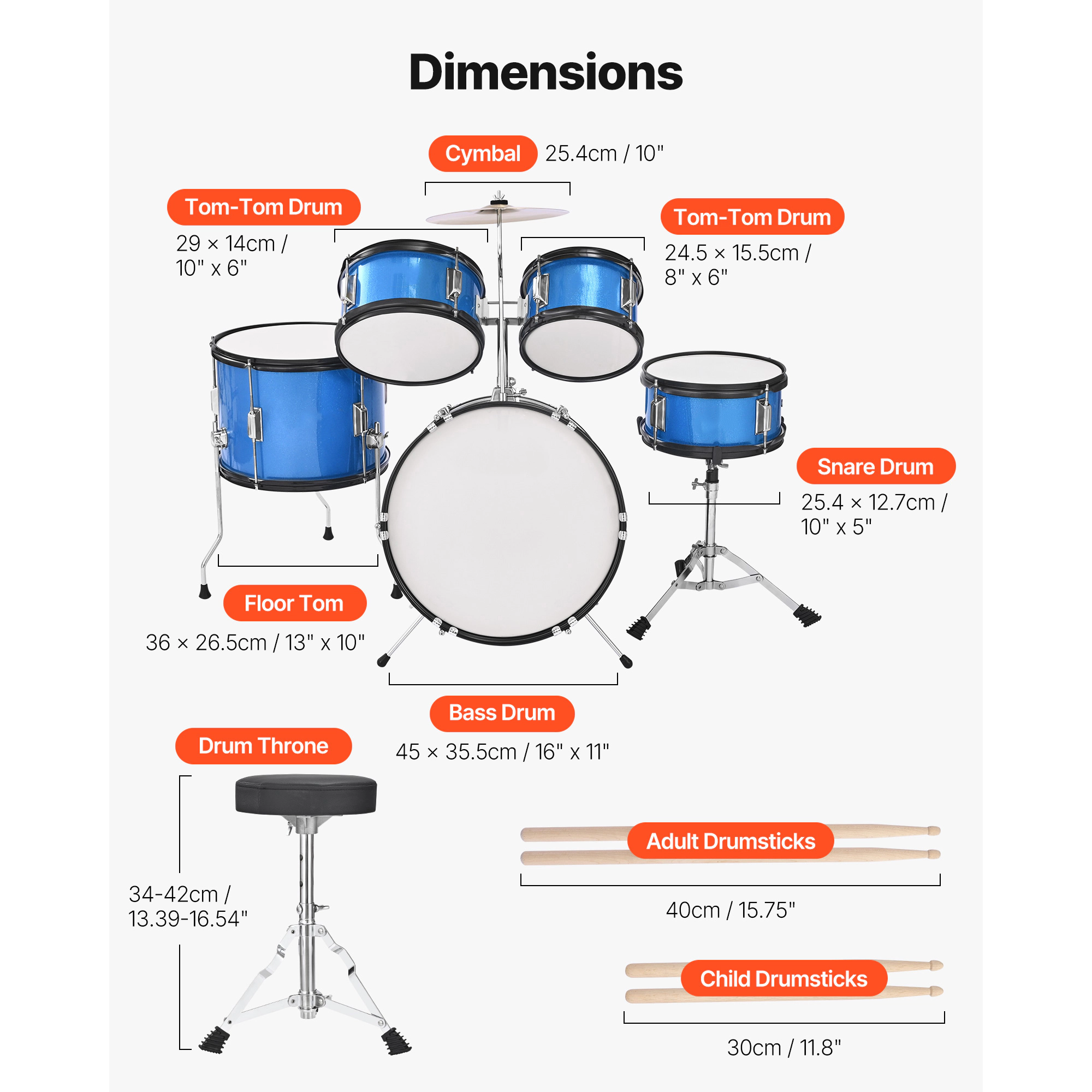 HONGGE Kids Drum Set Junior Drum Sets Beginner Drums Set with Adjustable Throne Cymbal & Two Pairs of Drumsticks