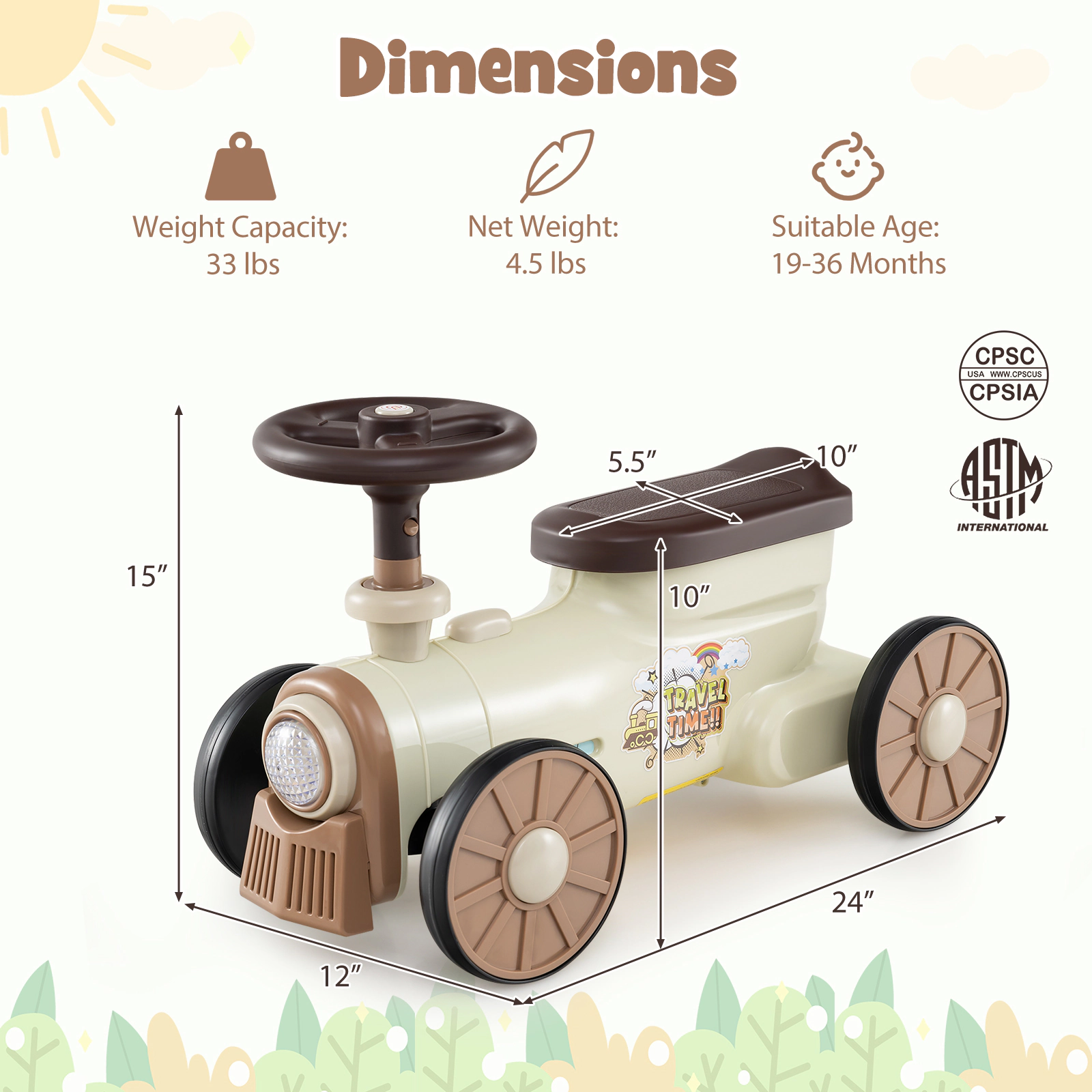 Toddler Push Car Sliding Ride On Toy Train Whistle Sound Button 35-Degree Ages 19-36 Months Beige