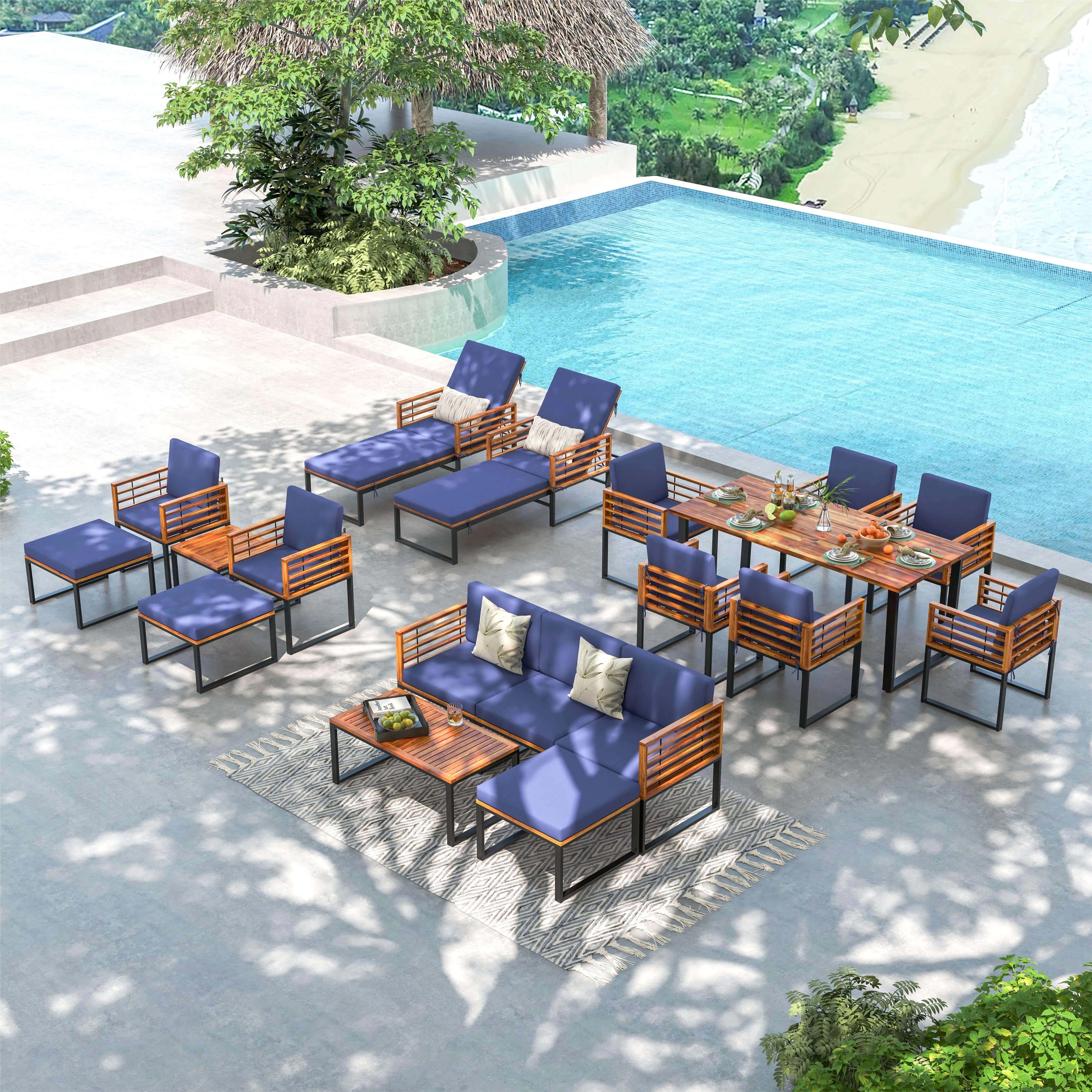 LJG 5-Piece Patio Acacia Wood Chair Set with Ottoman and Coffee Table