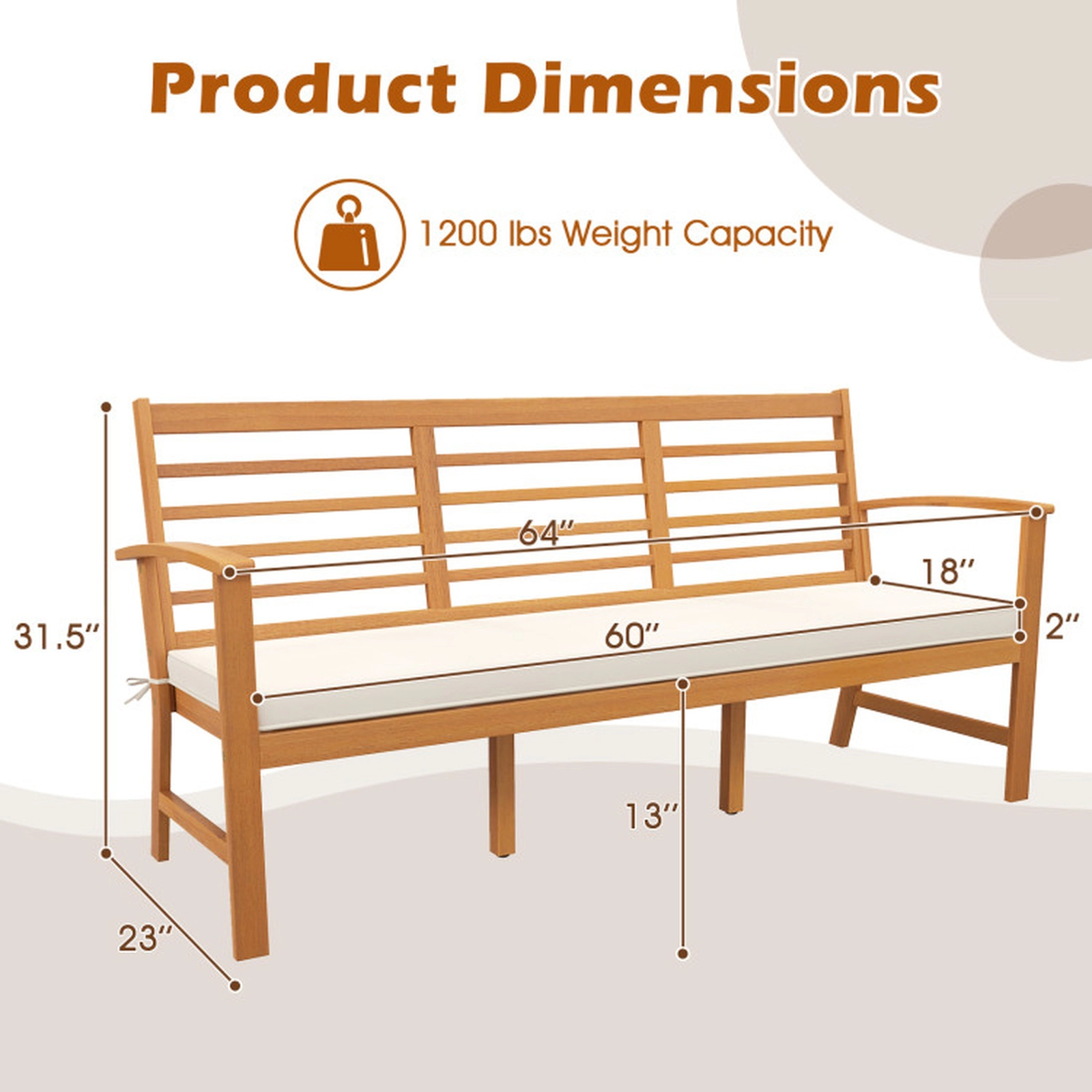 SUGIFT Patio Wood Bench with Slatted Seat and Cushion 1200-lb Capacity Off White Cushion Natural Frame