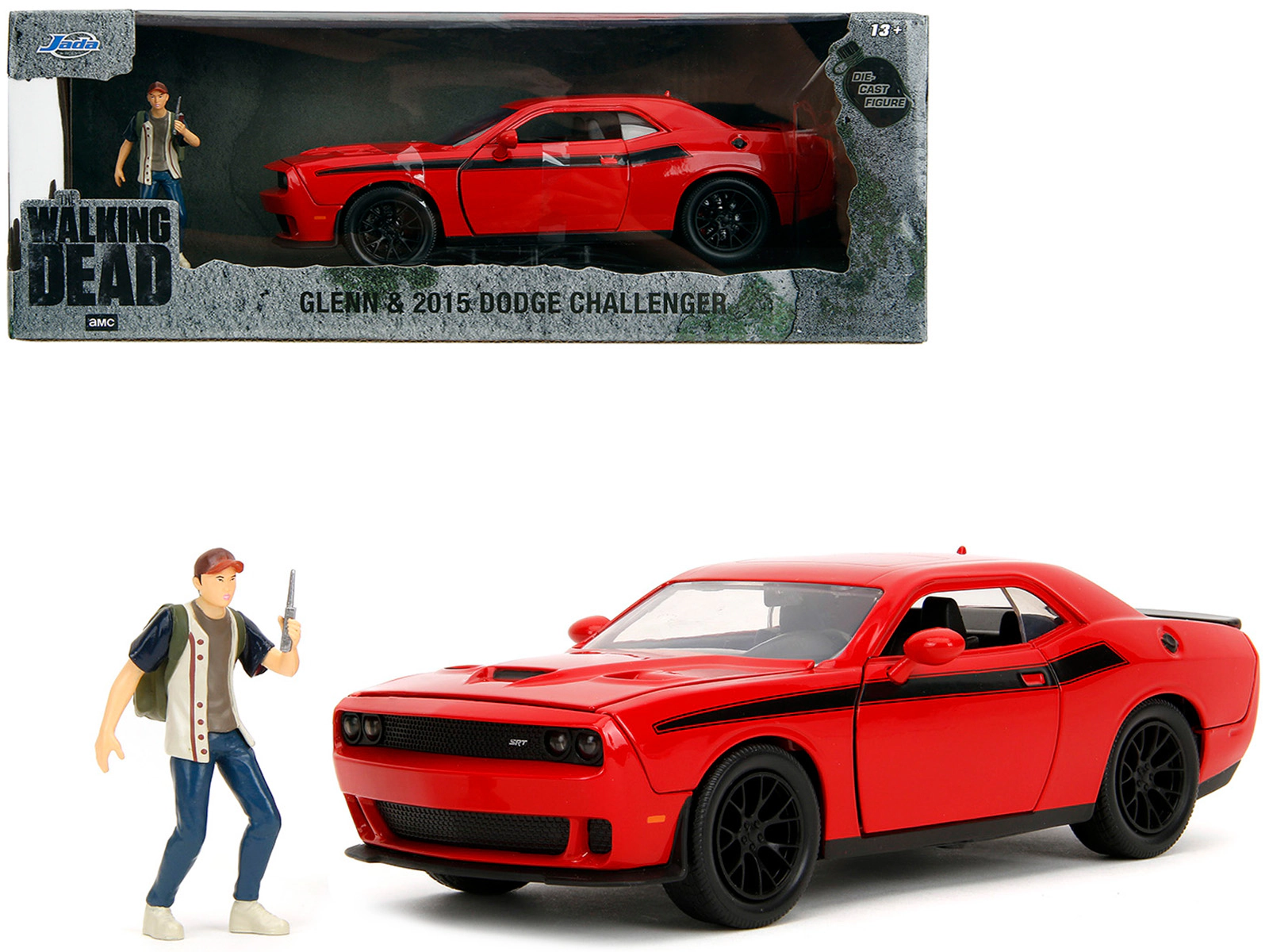 Jada 2015 Dodge Challenger Red with Black Stripes and Glenn Diecast Figure "The Walking Dead" (2010-2022) TV