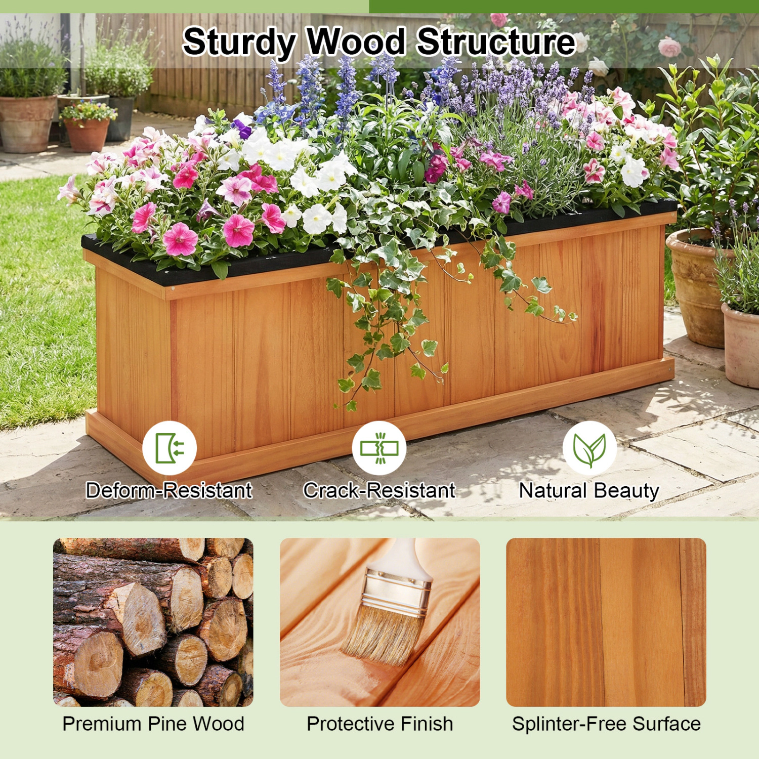 LJG Wooden Raised Garden Bed with Drainage Holes and Liner Solid Fir Wood Planter Box