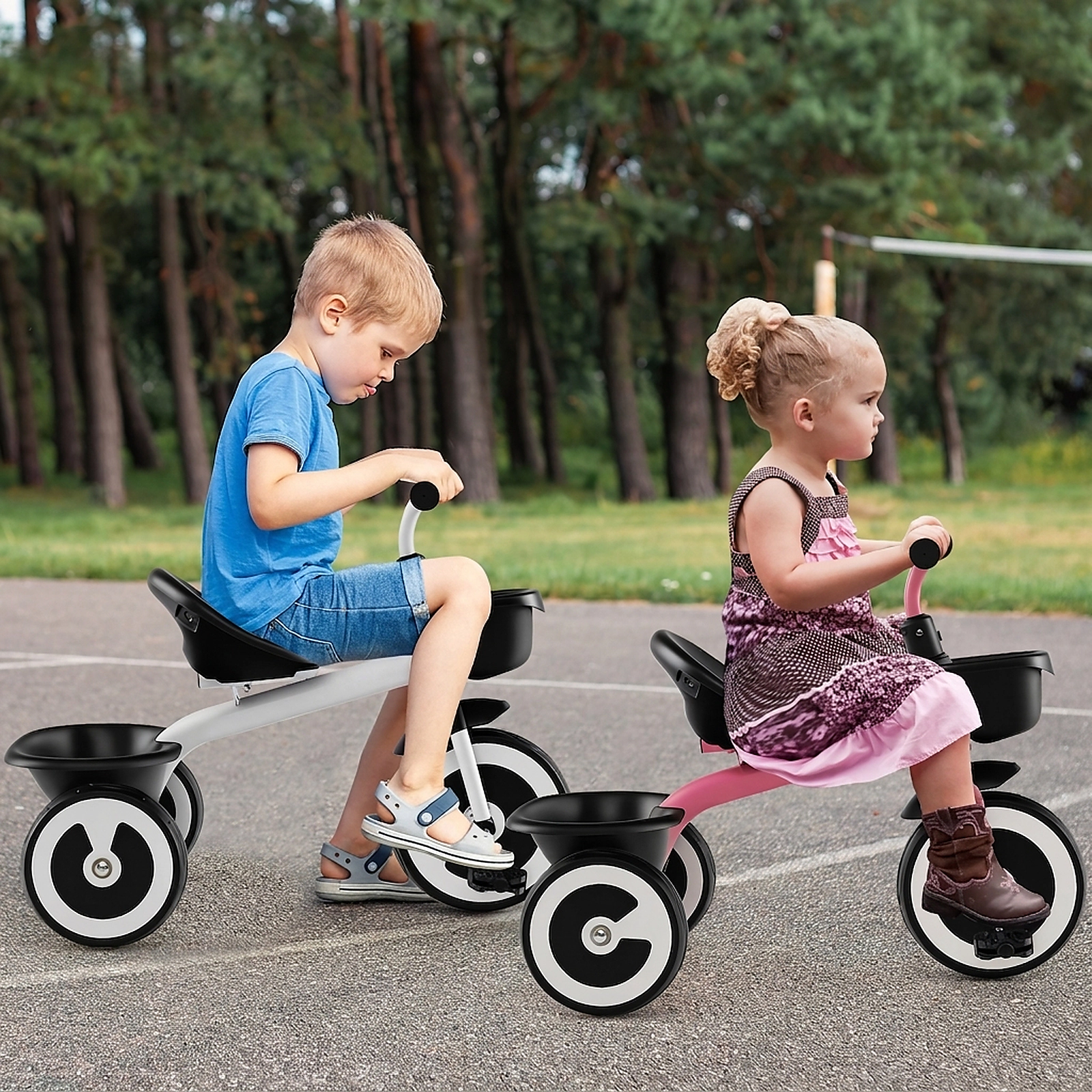 Toddler Tricycle with Front and Rear Baskets 110-Degree Steering Limit and Adjustable Seat for 1.5-5 Years Kids Trike