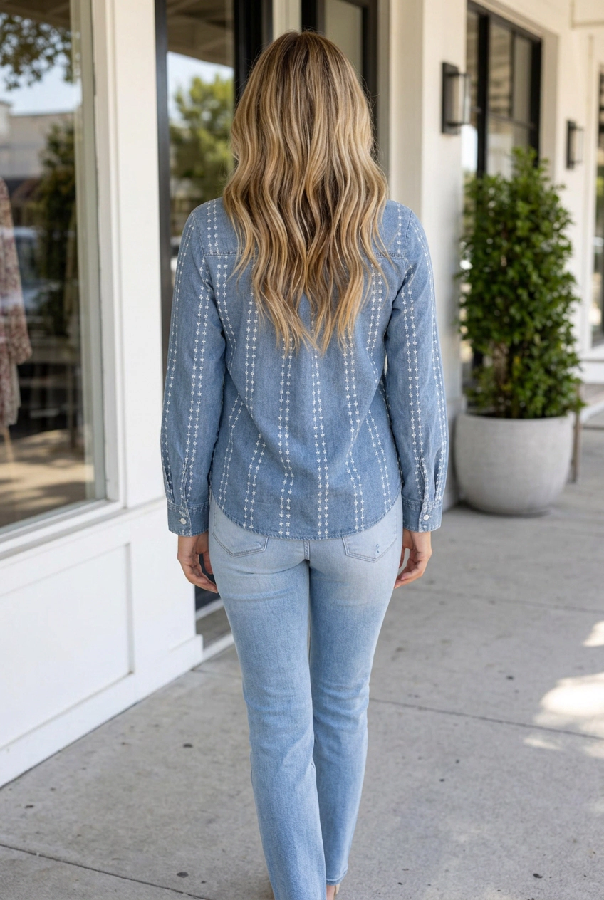 19092 Threaded Pear Carmen Long Sleeve Denim Shirt with Floral Embroidery