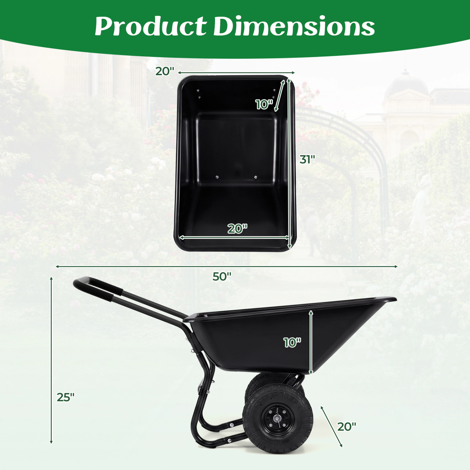 LJG Dual-Wheel Wheelbarrow Garden Utility Cart with Pneumatic Tires