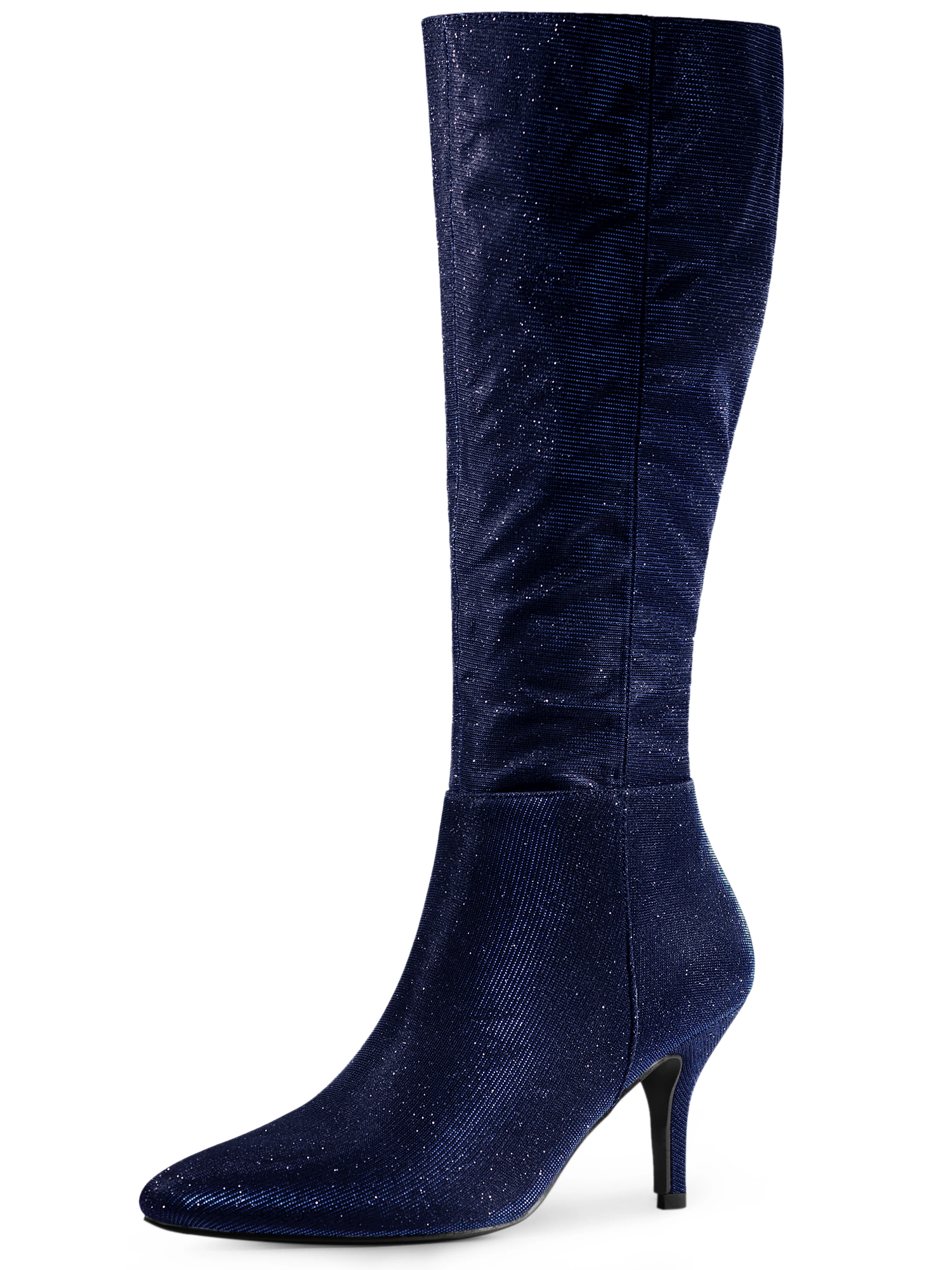 BLISSFUL STEP Women Sparkle Glitter Pointy Toe Stiletto Heel Knee High Boots