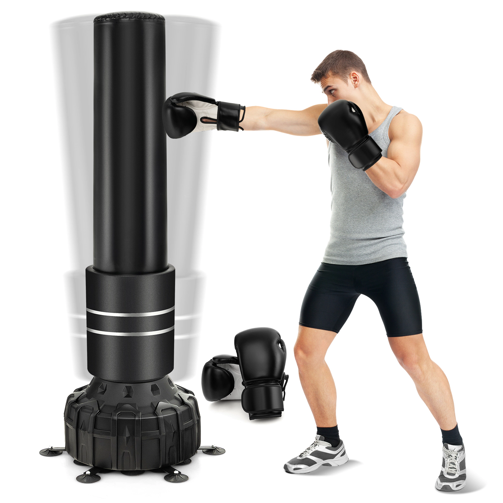 SUGIFT Multi-Layer Freestanding Punching Bag 71-in Boxing Bag with 25 Suction Cups Gloves and Filling Base Black