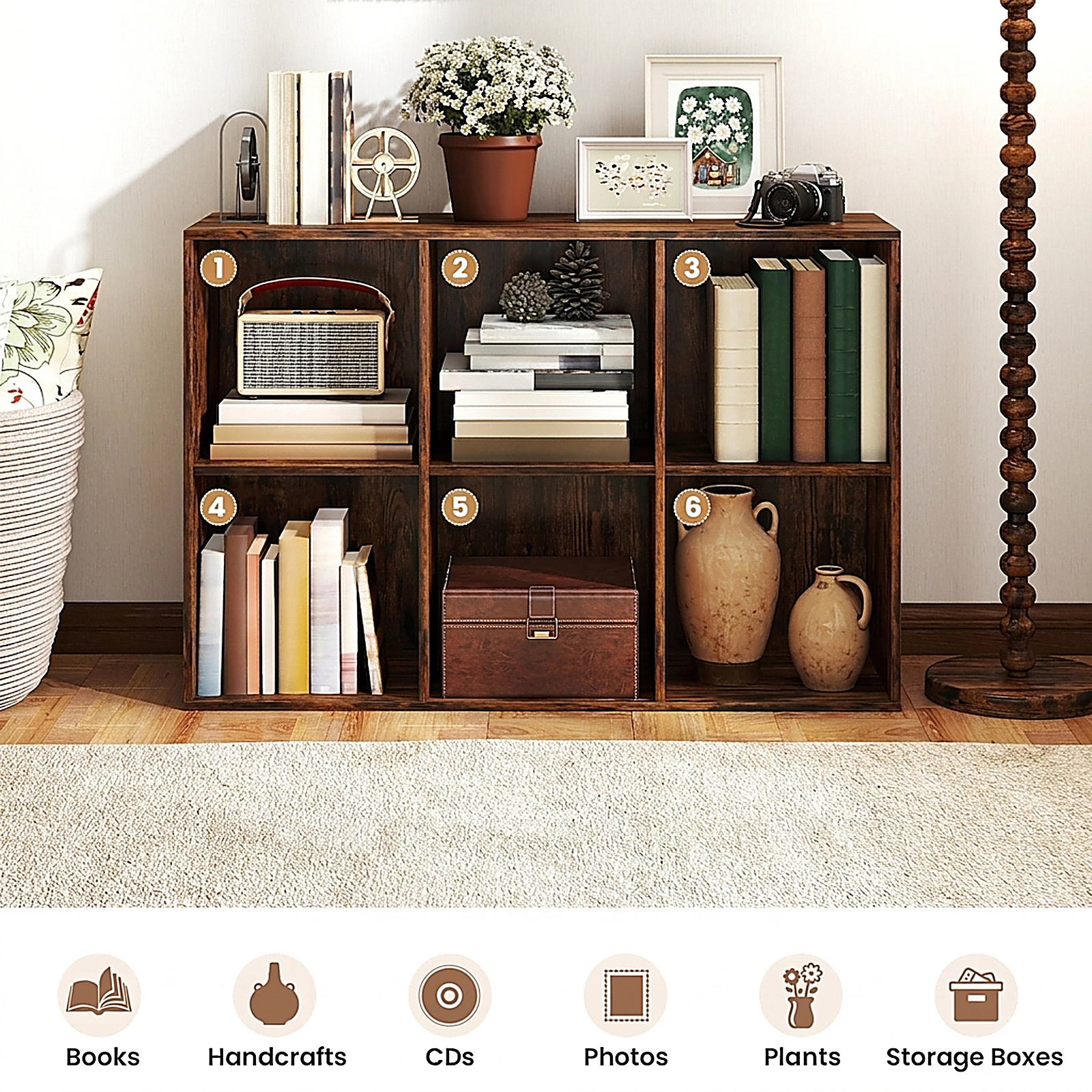 SUGIFT Modern 6-Cube Bookcase 132-lb Top Capacity 22-lb Cube Capacity for Bedroom Living Room Rustic Brown