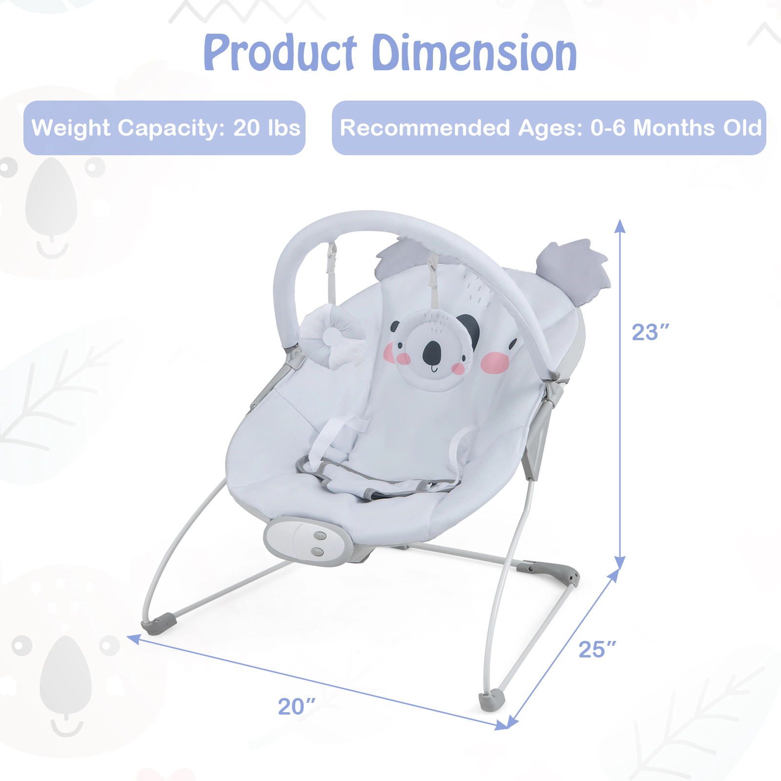 SUGIFT Baby Portable Bouncer Infant Rocker Seat Music Box Toy Bar 20-lb Capacity Ages 0-6 Months 25 x 20 x 23-in Gray