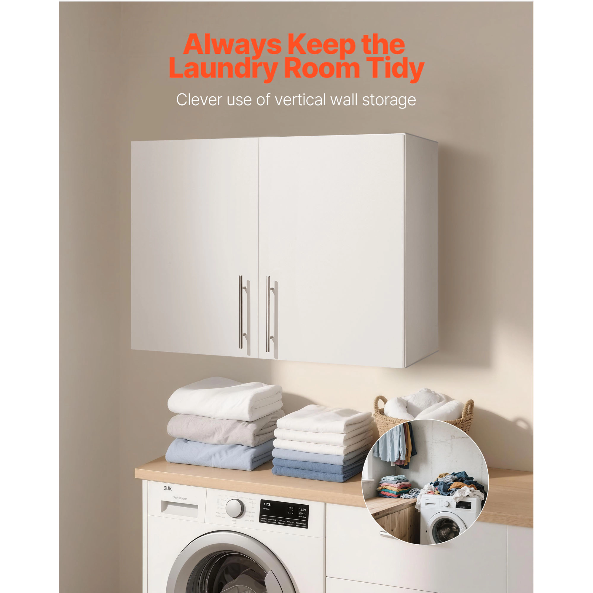 HONGGE Laundry Room Wall Cabinet, 2-Tier Wall Mounted Cabinet with Adjustable Shelf, Cupboard Storage for Kitchen