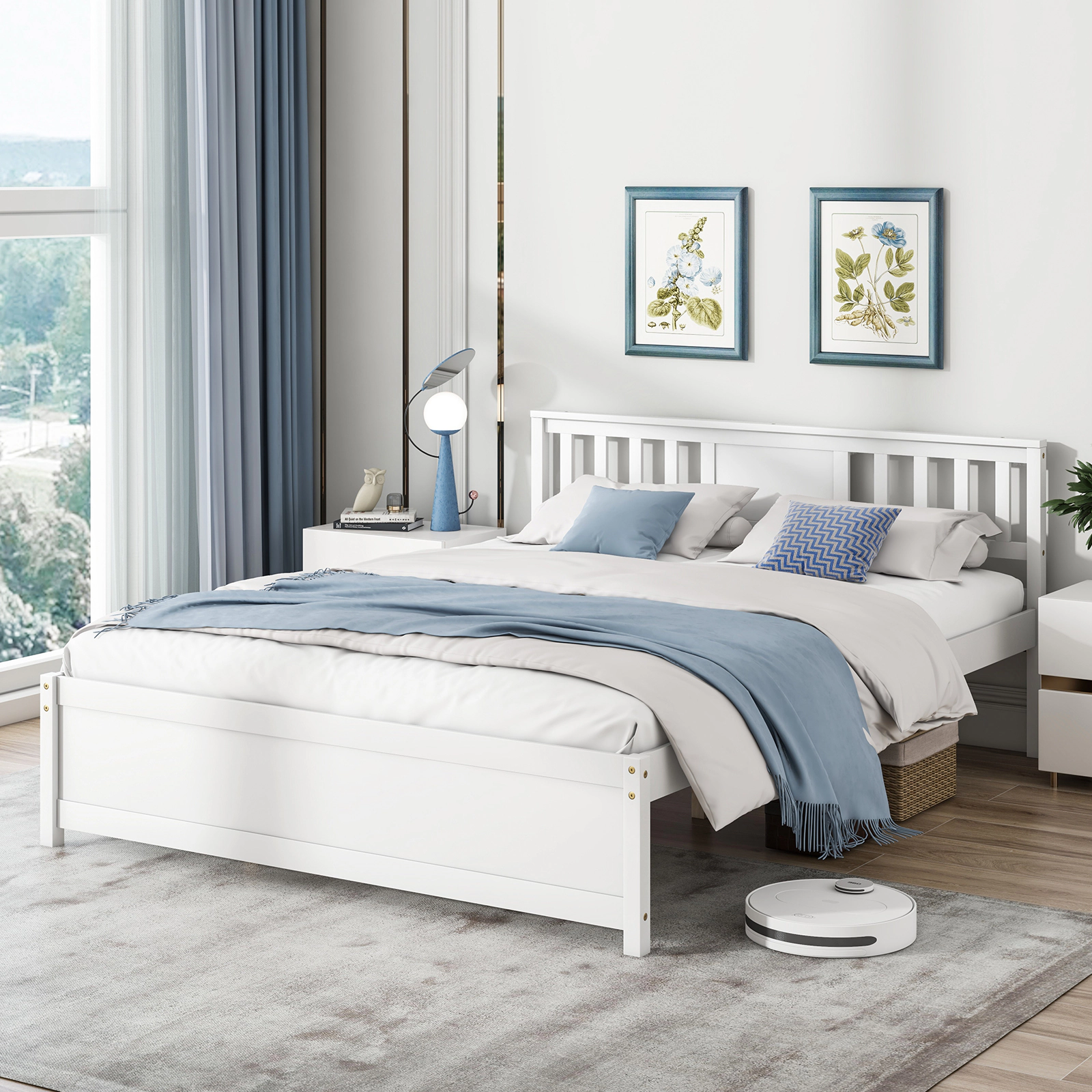 SUGIFT Queen White Wooden Platform Bed Frame with Panel Headboard and Footboard