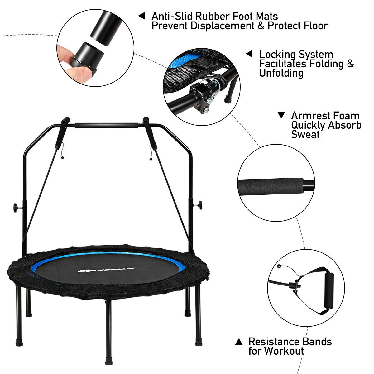 SUGIFT 40-in 330-lb Capacity Foldable Fitness Rebounder Trampoline with 3-Height Handrail and Resistance Bands